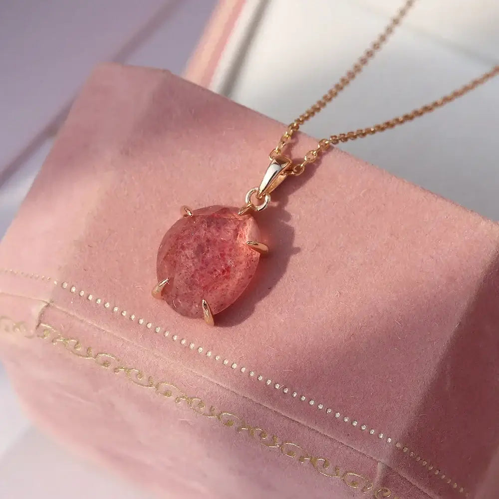 Dainty Strawberry Pink Gemstone Necklace for Women - Elegant Rose Quartz Pendant Jewelry Gift | Perfect for Valentine's Day, Anniversary & Everyday Wear | HJZB 250