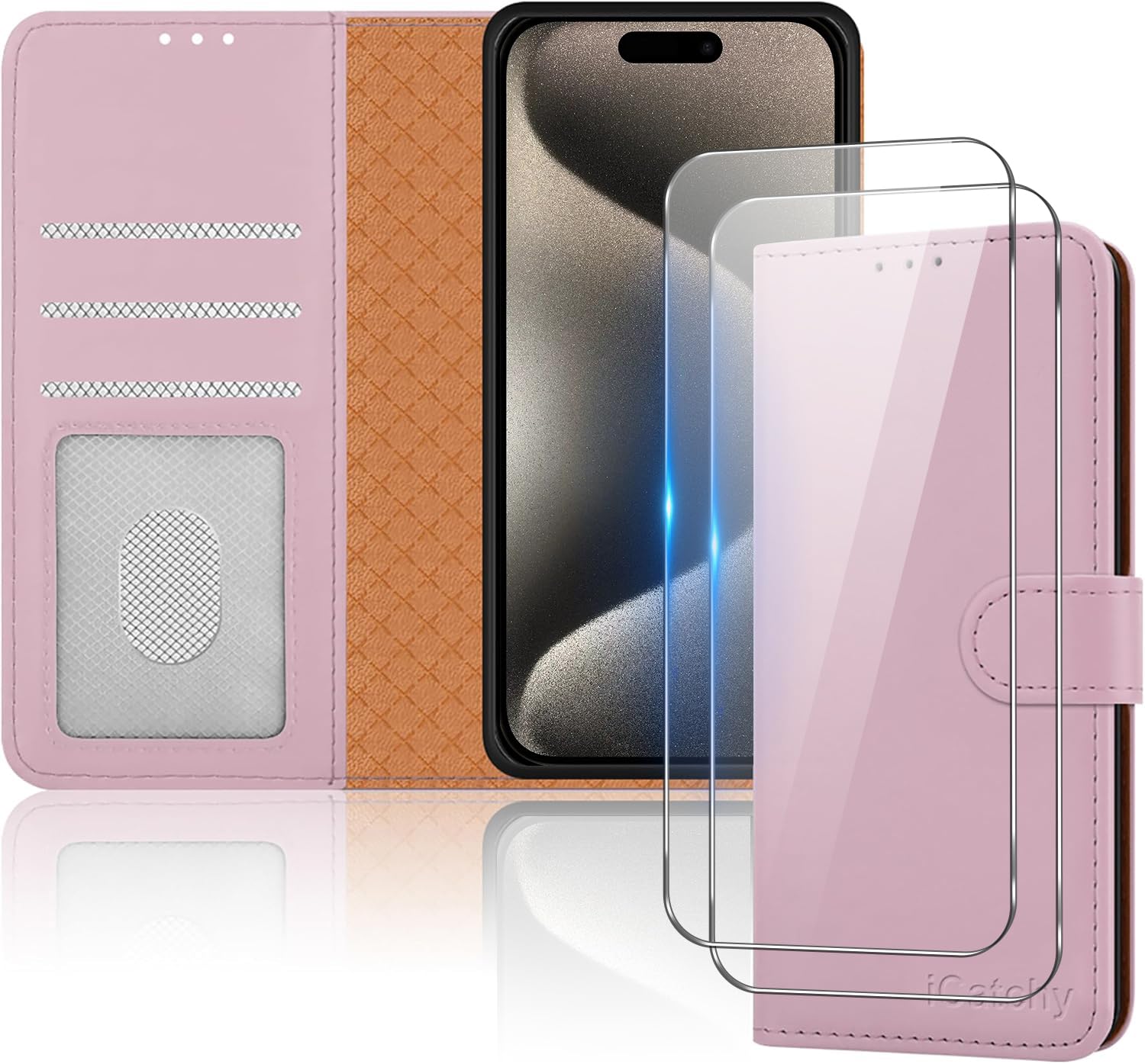 Premium Leather Magnetic Flip Cover Case for iPhone 15 Pro with 2x Screen Protectors, Card Holder & Kickstand - Full Protection Rose Gold Phone Cover | Perfect for Work, Travel & Everyday Use