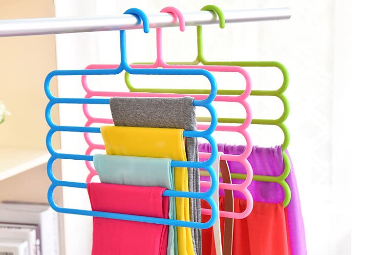 5-Layer Slip-Free Closet Pants Organizer - Space-Saving Multifunctional Clothes Hanger for Trousers, Scarves, Ties (3 Pack, Pink/Green/Blue) - Perfect for Bedroom, Closet & Travel Storage Organization