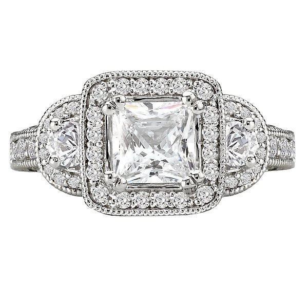 14KT 1.00 CTW Diamond 3 Stone Halo Engagement Ring Setting for 0.75-1.00 CT Princess Cut - Perfect for Wedding, Proposal & Anniversary Gifts
