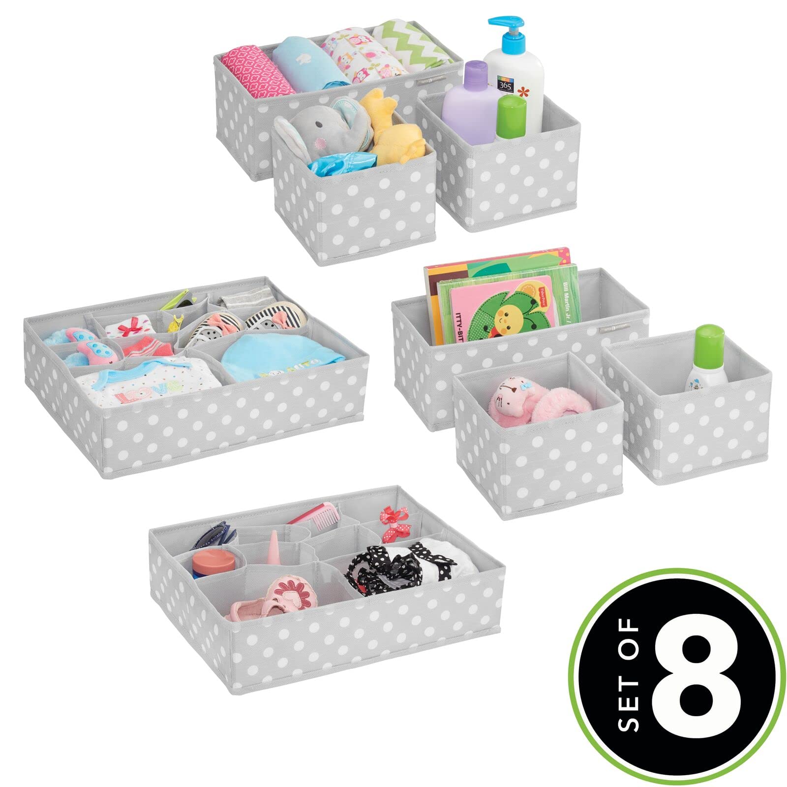 mDesign Fabric Drawer Organizer Bins - Set of 4 or 2 Pack, Gray/White Polka Dot - Perfect for Kids & Baby Nursery Dresser, Closet, Shelf & Playroom Organization - Holds Clothes, Toys, Diapers, Bibs & Blankets - Ideal for Home, Office & Daycare Storage Solutions