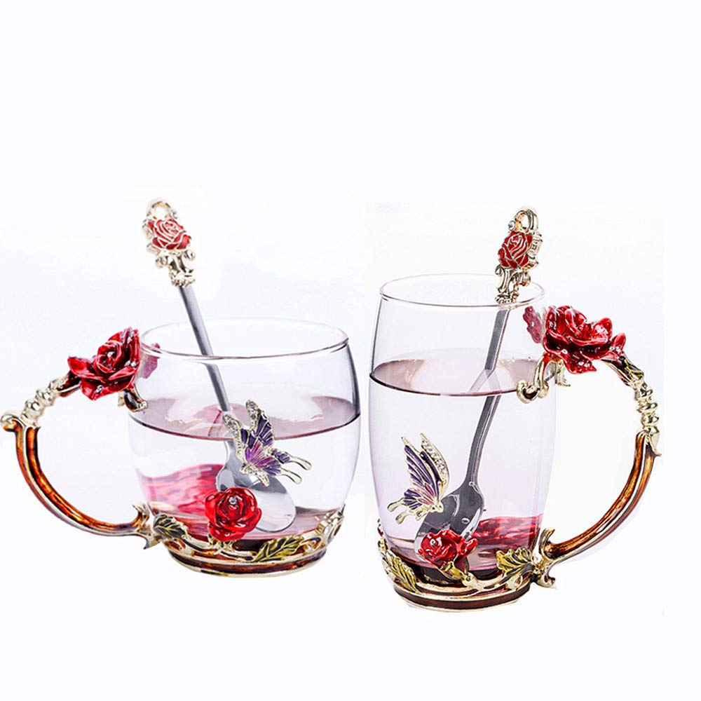 Handmade Enamel Butterfly Rose Flower Glass Coffee Mug & Tea Cup Set with Spoon - 13 oz (Red Rose) - Perfect for Home, Office, Gifts, Friend Birthday Presents & Afternoon Tea Time