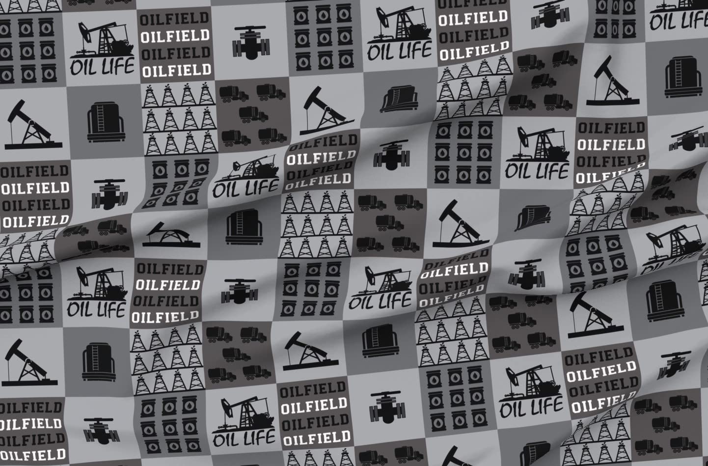 **Oilfield Patchwork Quilt Fabric - Gray Printed on Soft Minky Fabric - Perfect for Baby Blankets, Quilt Backing & Sewing Projects (Fat Quarter, Derrick Design)**