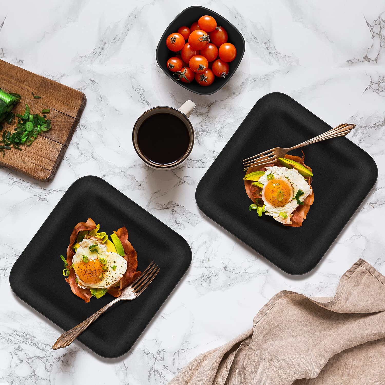 Premium 12-Piece Melamine Dinnerware Set - Matte Black Square Plates & Bowls for Indoor/Outdoor Use | Dishwasher Safe, Durable & Lightweight | Perfect for Camping, Picnics, BBQs & Everyday Dining