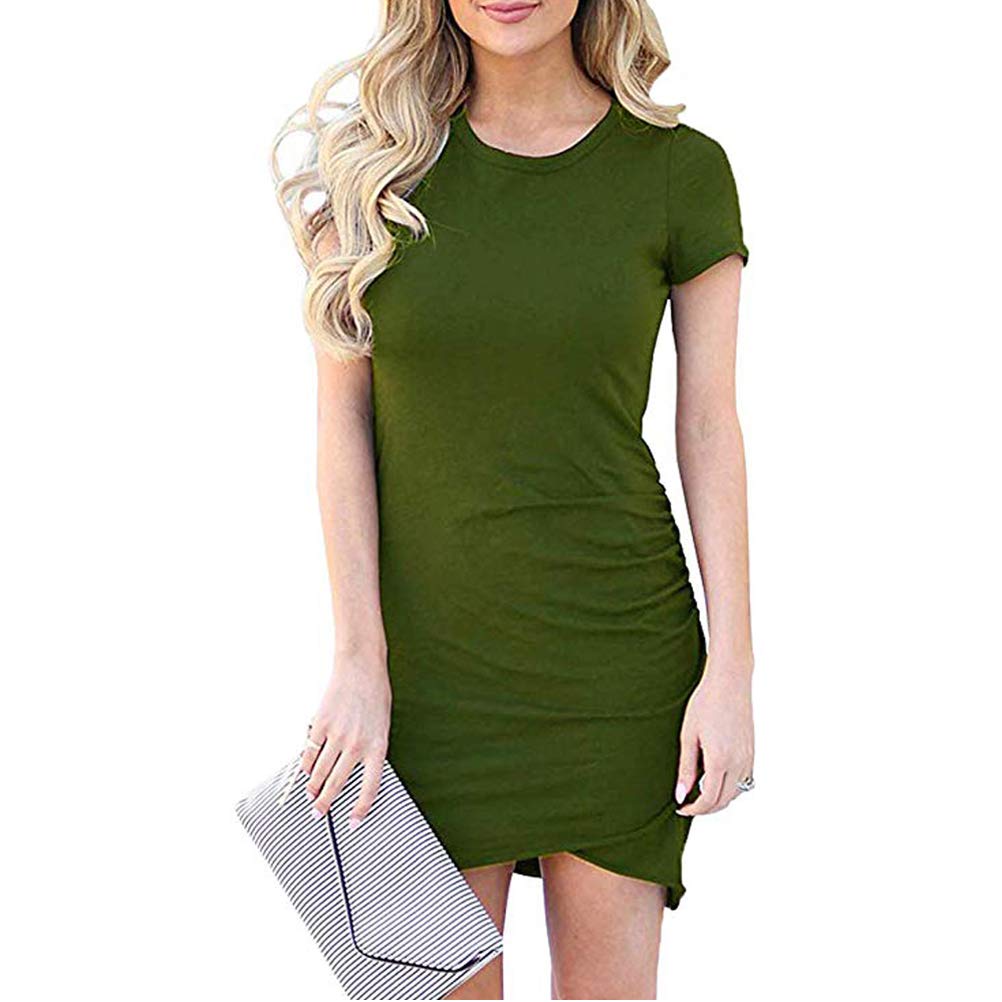 Anoir Women's Summer Casual Short Sleeve Ruched Mini Dress with Asymmetrical Hem - Perfect for Beach Vacations, Date Nights & Summer Parties