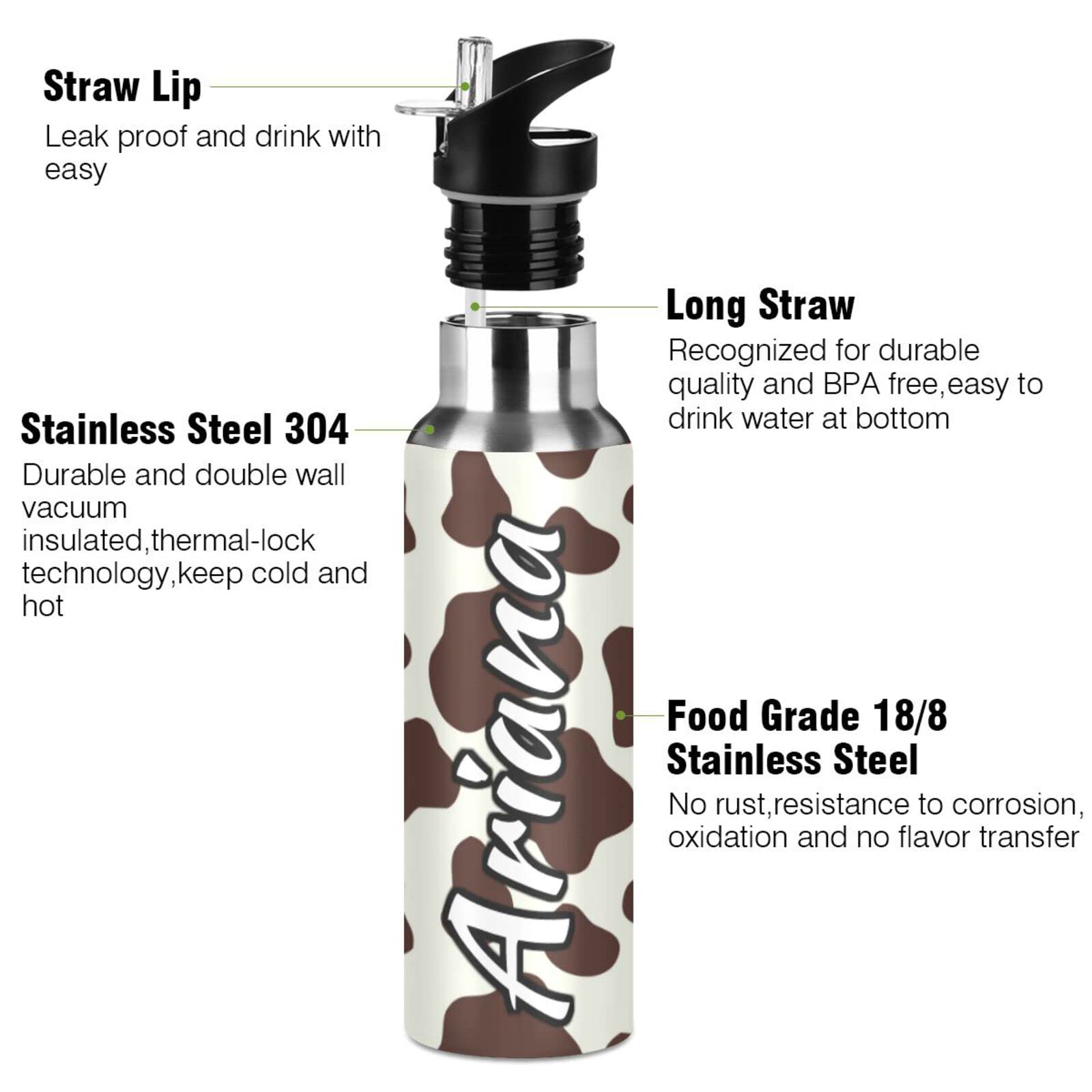 Custom 33oz Insulated Stainless Steel Water Bottle with Straw Lid - Brown & White Cow Print Design - Personalized Sports Bottle for Gym, Office & Outdoor Activities
