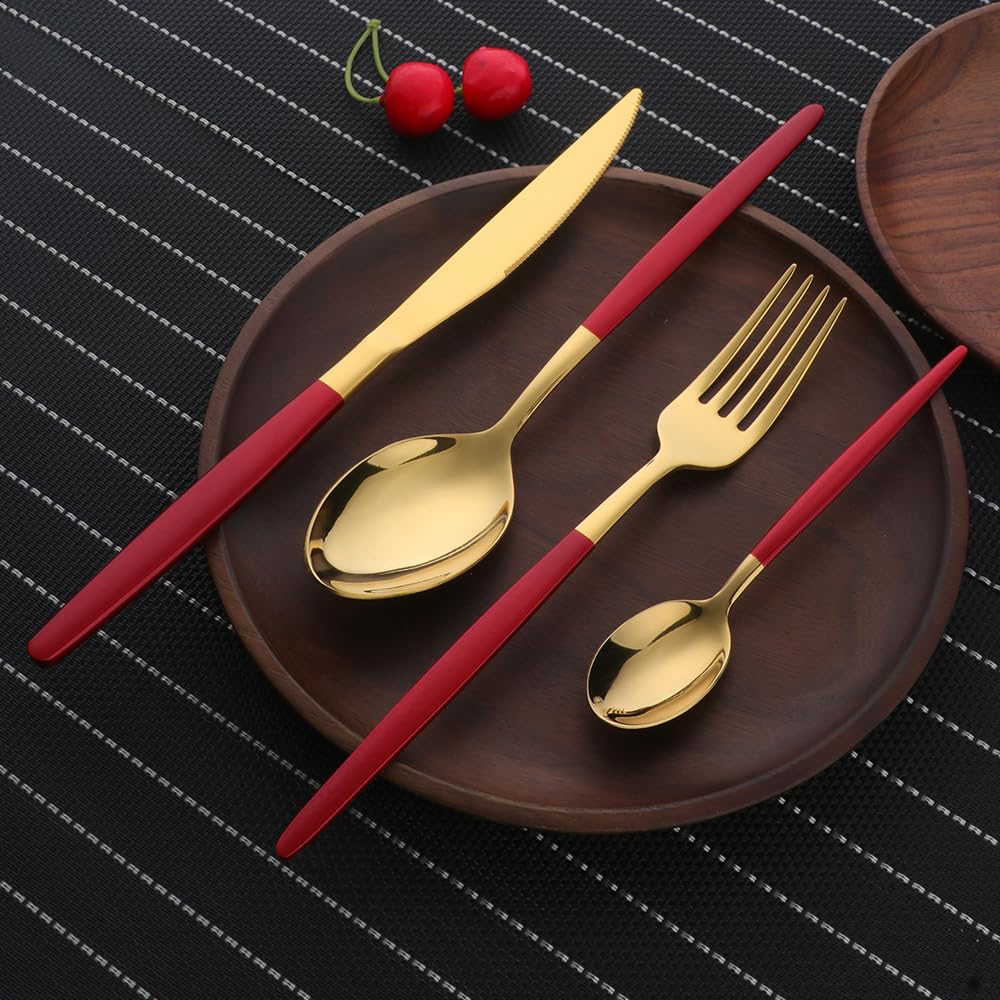 4-Piece Stainless Steel Flatware Set - Knives, Spoons & Forks for Home, Kitchen, Restaurant & Hotel - Mirror Polished Black Gold Utensils - Dishwasher Safe - Perfect for Dining, Parties, Gifts & Everyday Use