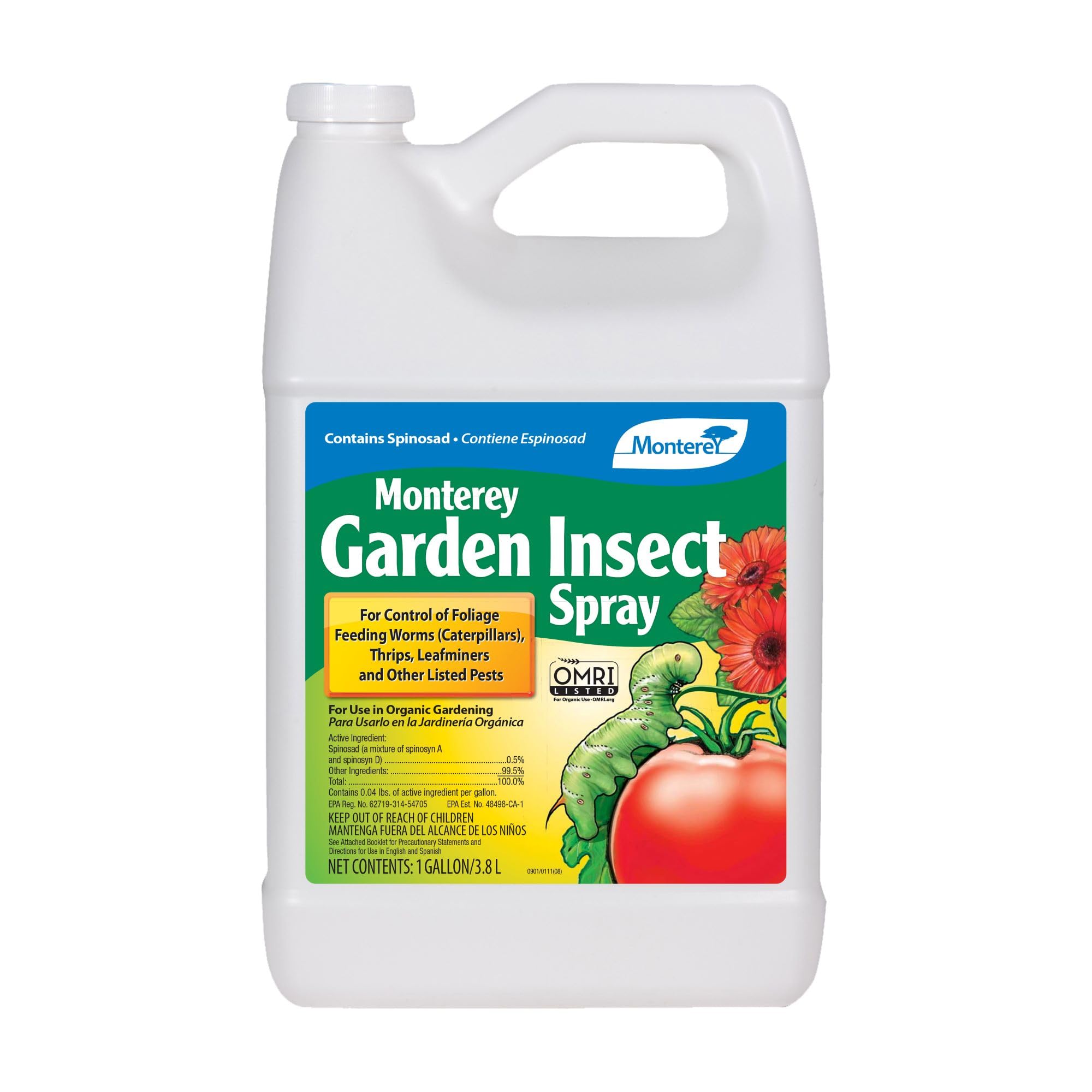 Organic Monterey Garden Spinosad Insecticide Spray Concentrate - 1 Gallon for Foliage Feeding Worm Control - Safe for Organic Gardening - Use with Sprayer for Vegetables, Fruits & Ornamental Plants