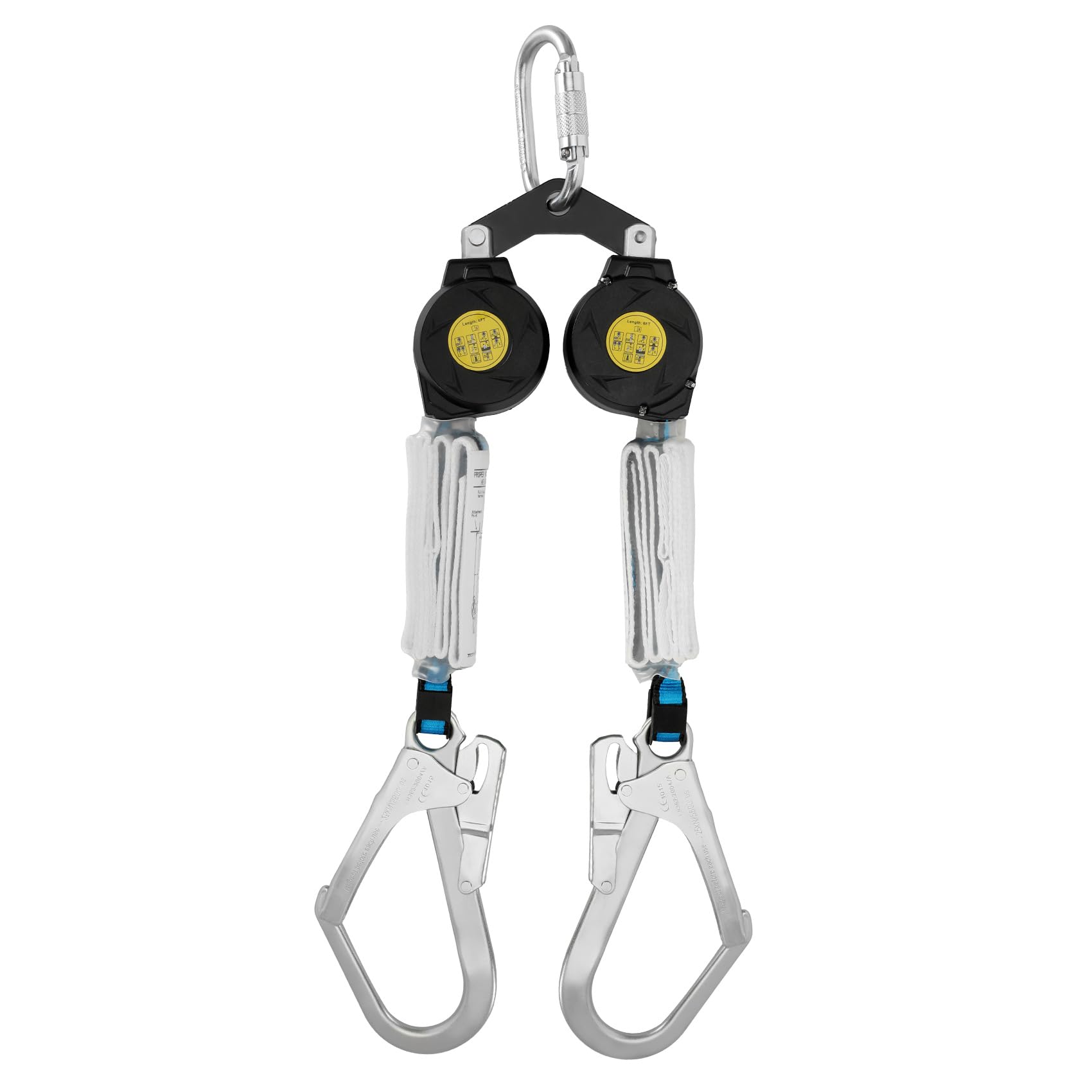 6 ft Dual Leg Self-Retracting Lifeline Web Lanyard with Twin Big Rebar Hooks & Shock Absorbers - OSHA Compliant Fall Protection for Roofing, Construction & Industrial Work Safety