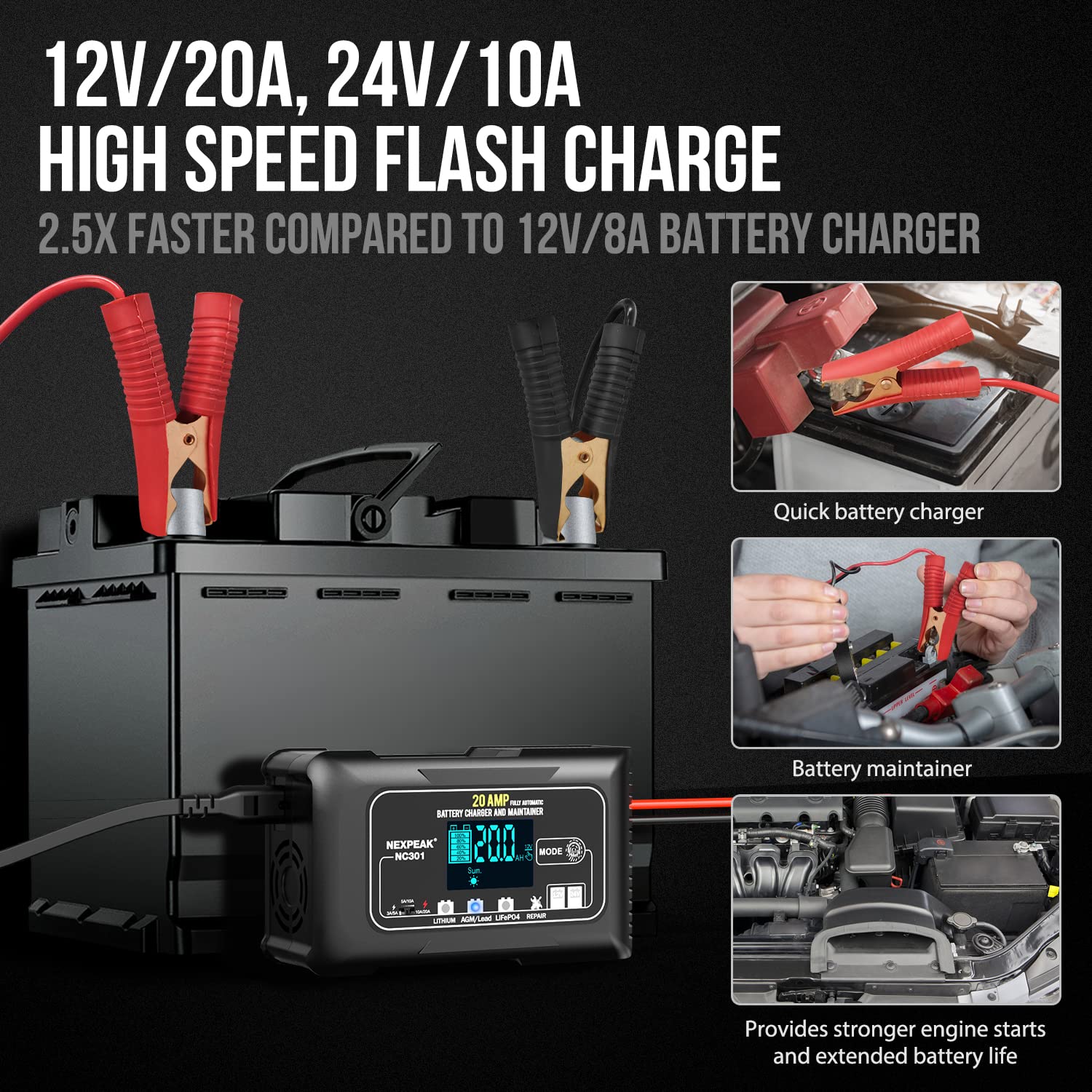 NEXPEAK NC301 20-Amp Smart Car Battery Charger - 12V/24V Automatic LiFePO4 Charger with Temperature Compensation - Ideal for Cars, Trucks, Boats, RVs - Maintains Lead Acid & Lithium Batteries - Perfect for Winter Storage & Long-Term Vehicle Maintenance