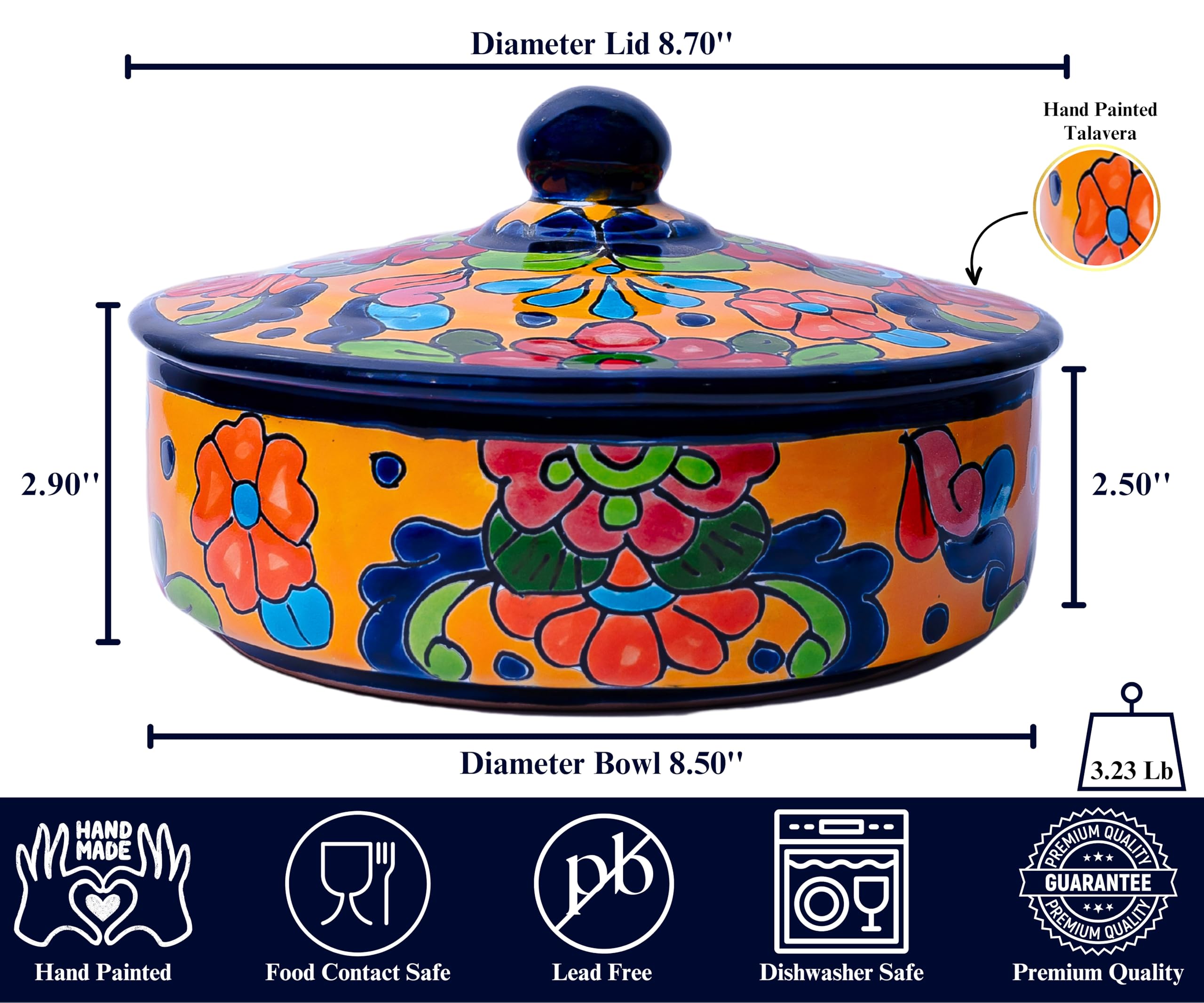 Hand Painted Ceramic Talavera Tortilla Warmer with Lid - Authentic Mexican Artisan Tortilleros - Perfect for Keeping Tortillas Warm at Dinner Parties & Family Gatherings (Marigold Design)
