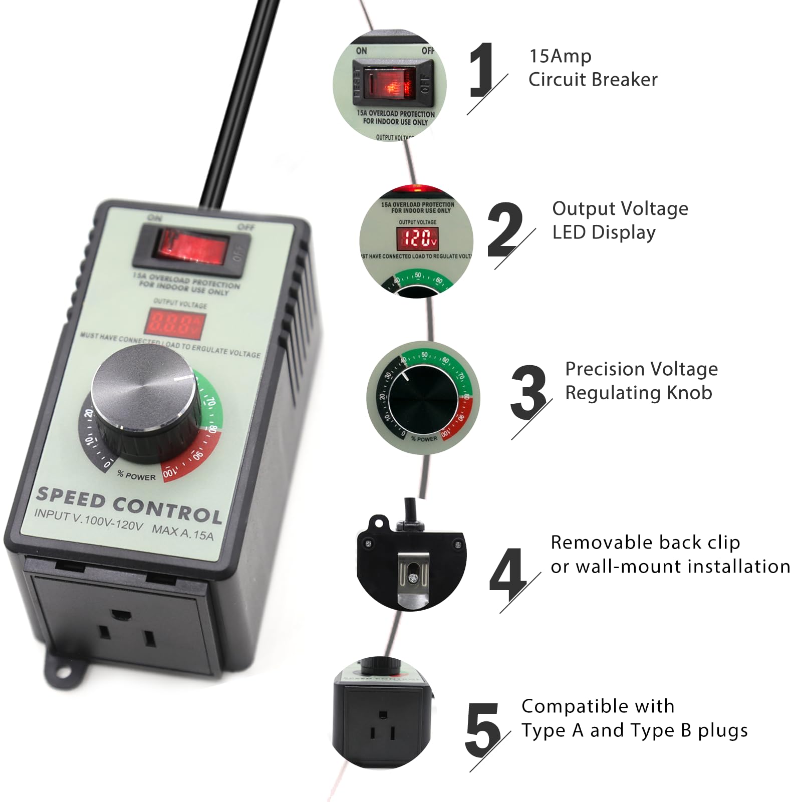 4000W 120V 15A AC Motor Speed Controller - Variable Fan Speed Regulator with Overload Protection Switch | Perfect for Industrial Equipment, HVAC Systems & Electric Motor Control