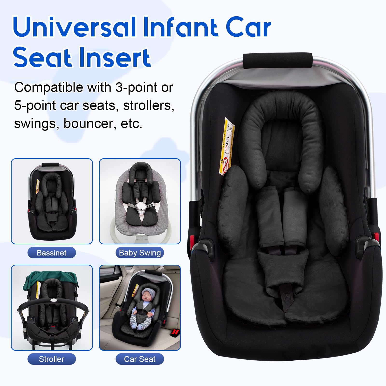 **Newborn Car Seat Head Support with 3 Strap Covers – 2-in-1 Reversible Infant Car Seat Insert & Thickened Cushion – Safe & Comfortable for Preemies to Infants – Perfect for Car Seats, Strollers & Baby Swings – Ideal for Travel, Daily Use & Baby Shower Gifts – Great for Road Trips, Airplane Travel & Errands**