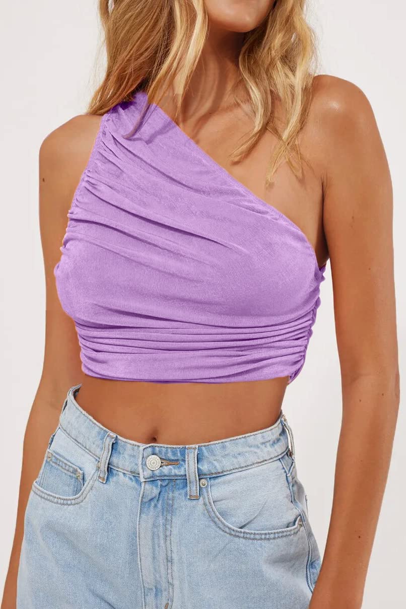 CHYRII Women's Sexy Sparkly One Shoulder Crop Top - Sleeveless Ruched Tank Top for Club, Party & Night Out | Summer Fashion & Casual Wear