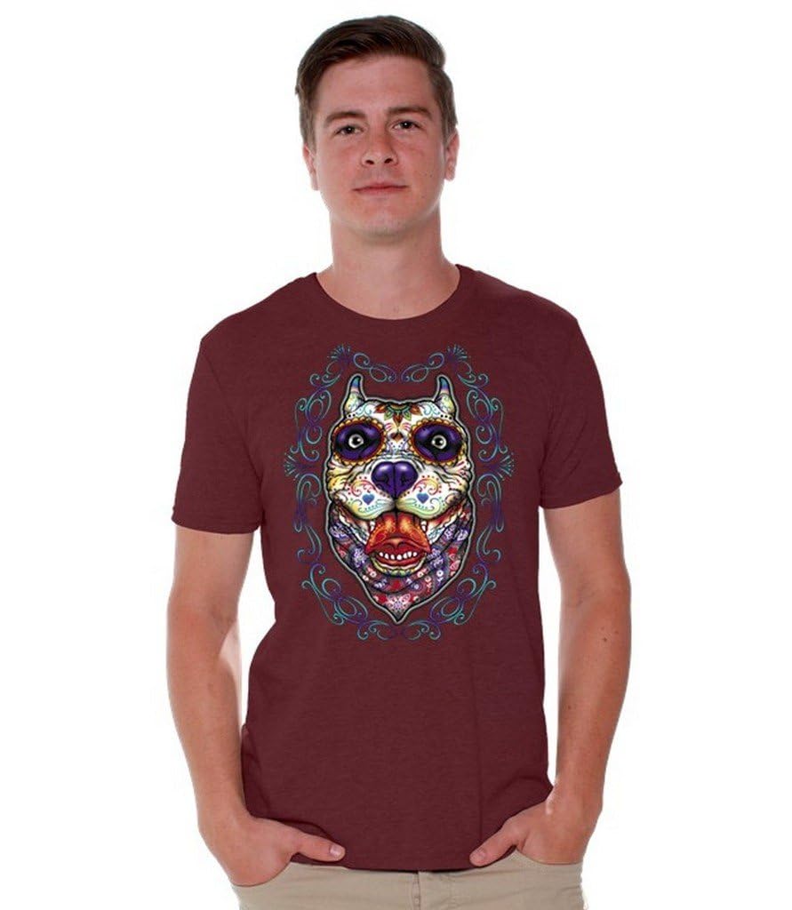 Pitbull Skull T-Shirt with Floral Sugar Skull Design - Gothic Punk Style Dead Shirt for Men & Women | Includes Free Bookmark Gift | Perfect for Halloween, Concerts, and Biker Events