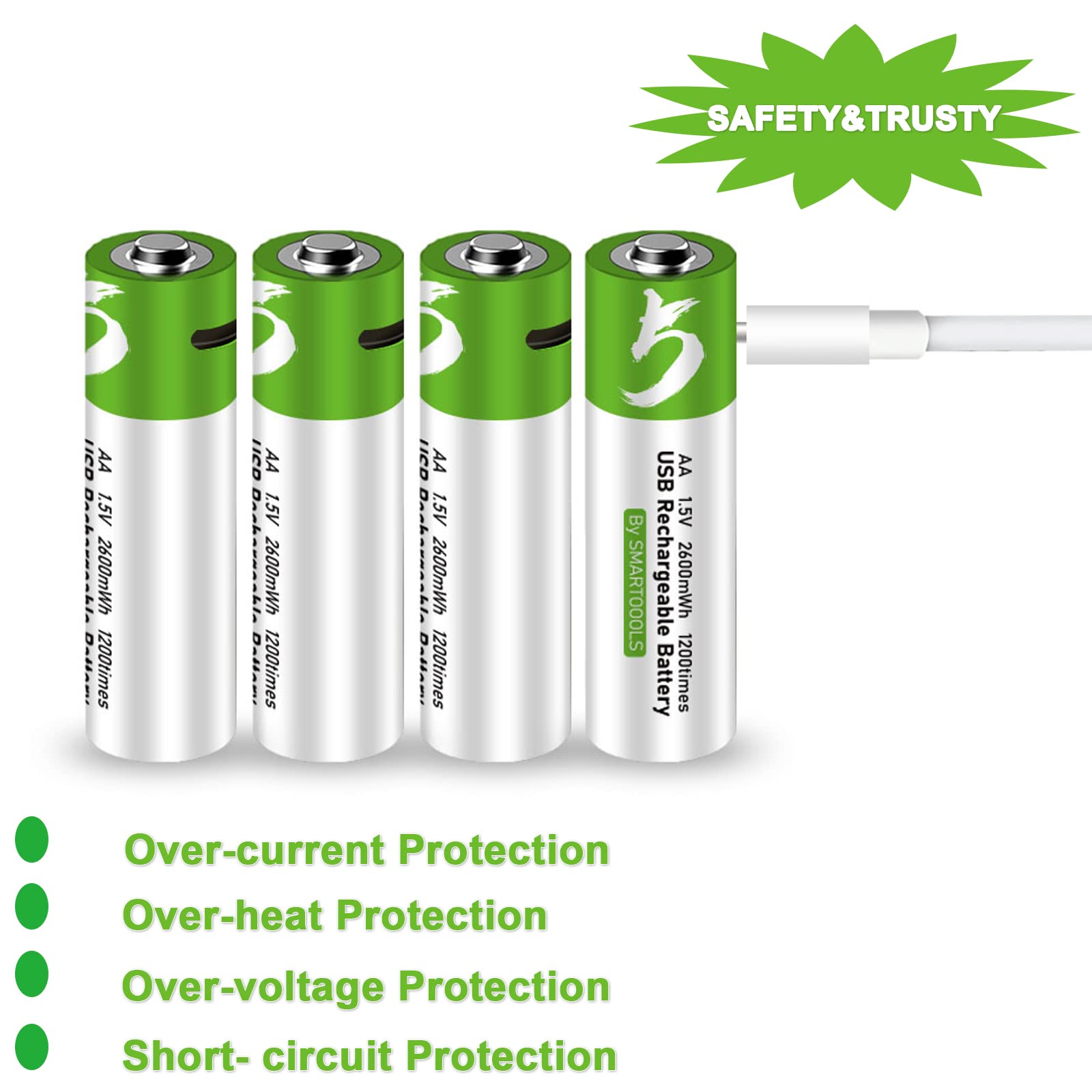 4 Pack Rechargeable AA Lithium Batteries 2600mWh with USB-C Charger - Long Lasting 1.5V Double A Batteries for Cameras, Flashlights, Toys & Electronics - Includes 4-in-1 Type C Charging Cable