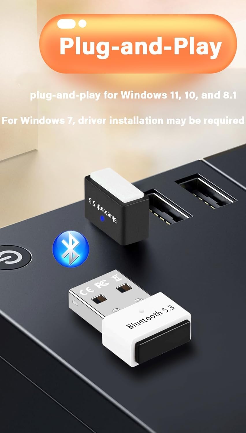 5.3 Bluetooth Adapter for PC - USB Bluetooth Dongle with 20m Range, Wireless EDR Transmitter Receiver for Desktop, Headphones, Keyboard & Stereo Audio - Compatible with Windows 11/10/8.1/7 - Perfect for Home Office, Gaming & Wireless Audio Streaming