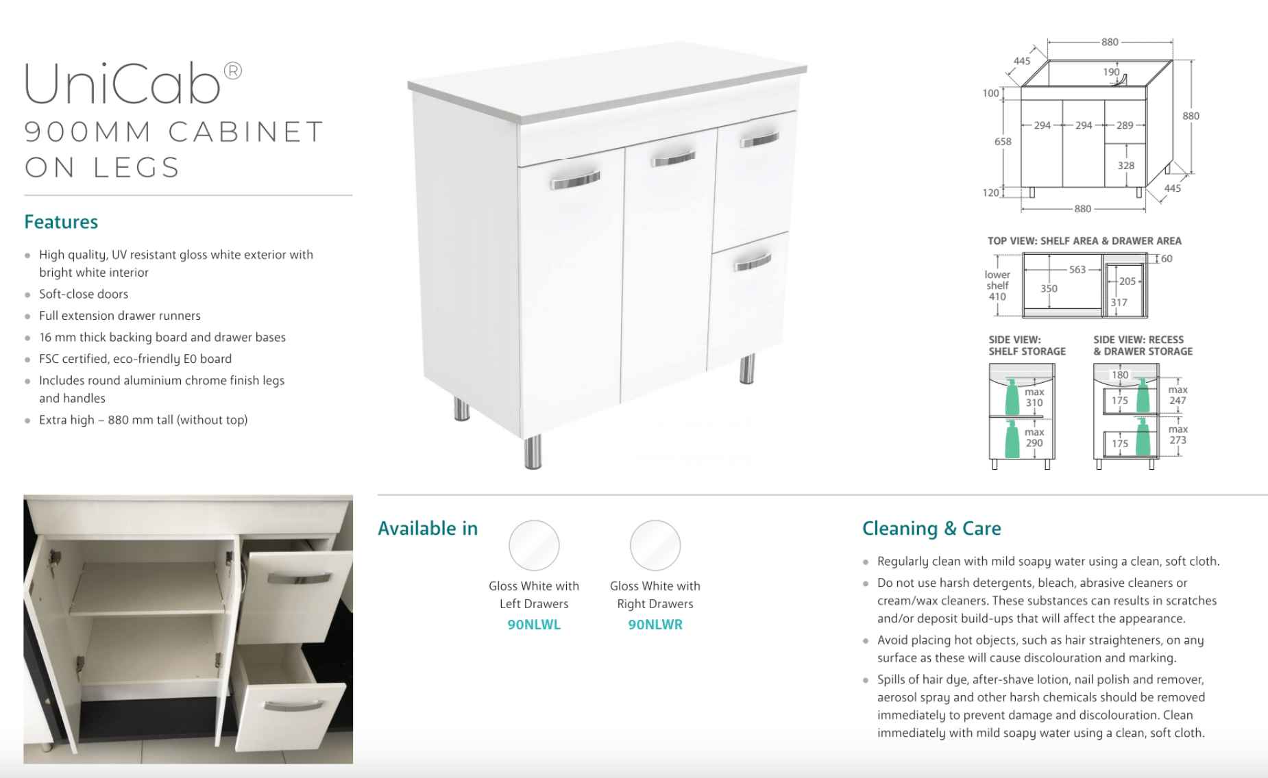 Fienza CIT90NLW Citi 900mm Bathroom Sink & Vanity with Legs - Modern Freestanding Basin for Small Bathrooms & Powder Rooms