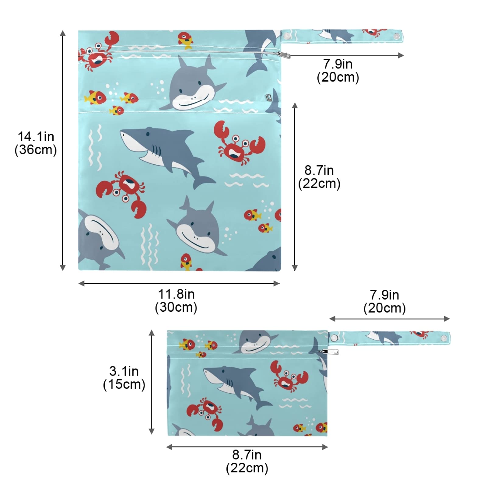 Cartoon Big Fish and Shark Wet Dry Bag 2-Pack - Waterproof Reusable Diaper Storage & Travel Bag with Dual Zippers for Beach, Swimming, Summer Camp - Perfect for Pool Days, Baby Essentials & Outdoor Adventures