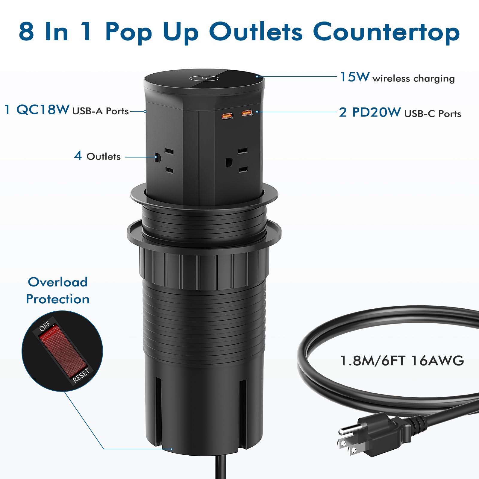 BTU Pop Up Outlet with 15W Wireless Charger & 20W USB-C Fast Charging | 4 AC Outlets | Kitchen Countertop & Desk Charging Station (3 3/8