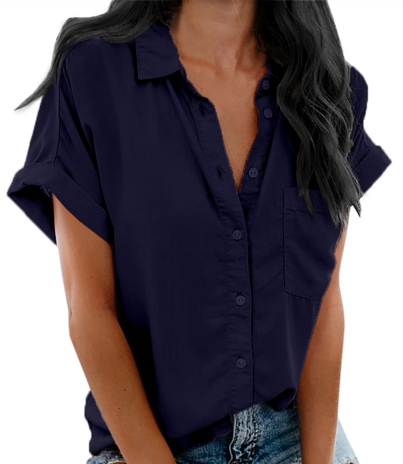 Beautife Women's V-Neck Button Down Shirt - Loose Fit Casual Short Sleeve Blouse with Pockets for Summer | Office Wear, Weekend Outfits & Travel Essentials