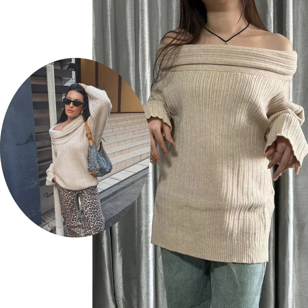 2024 Women's Oversized Autumn Sweater - Sexy Slash Neck Knit Pullover, Long Sleeve Loose Fit Casual Knitwear | Perfect for Fall Layering, Coffee Dates & Cozy Evenings