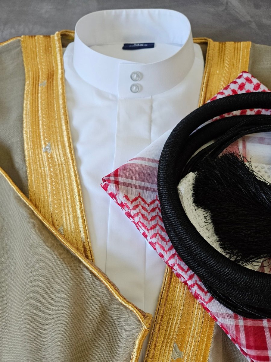 Premium Men's Saudi Thobe 5-Piece Set with Red Shemagh - Traditional Arabic Islamic Clothing for Eid, Weddings & Special Occasions