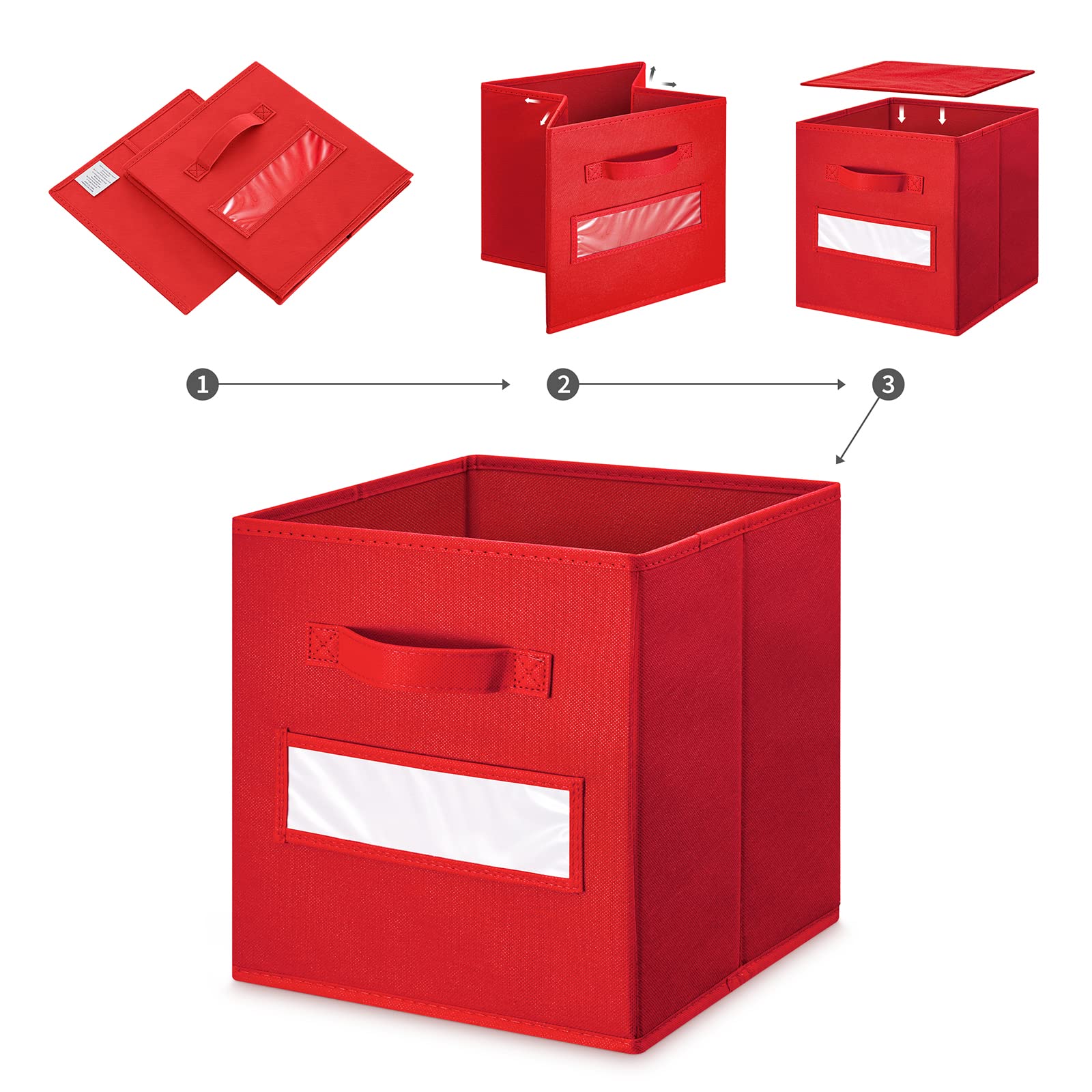 11 Inch Foldable Fabric Storage Cube Bins with Labels (Set of 10) - Closet Organizers, Shelves Storage Containers for Home, Office & Kids Room Organization - Red