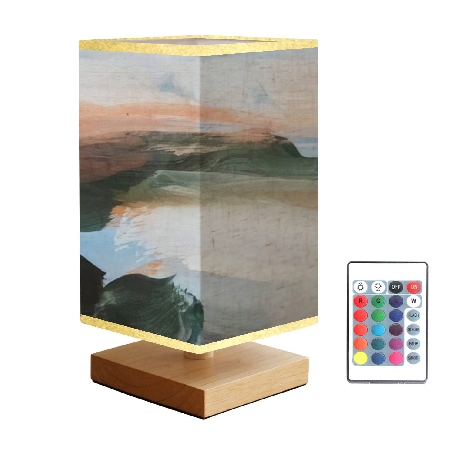 Modern Abstract Landscape Painting Square Bedside Table Lamp - Wooden Base with Flaxen Fabric Shade, Dimmable Nightstand Lamp for Bedroom, Living Room, Office - Perfect for Reading, Relaxing & Home Decor