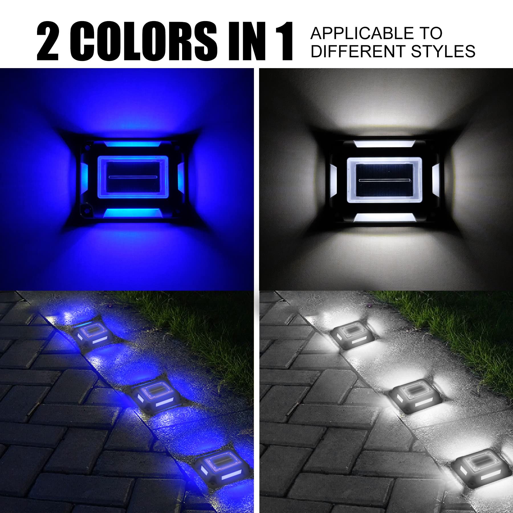 Solar Powered Outdoor LED Deck Lights - 8 Pack Waterproof Driveway & Dock Lights with 1200mAh Battery (Blue & White) - Perfect for Sidewalks, Garden Pathways, Steps & Road Markers