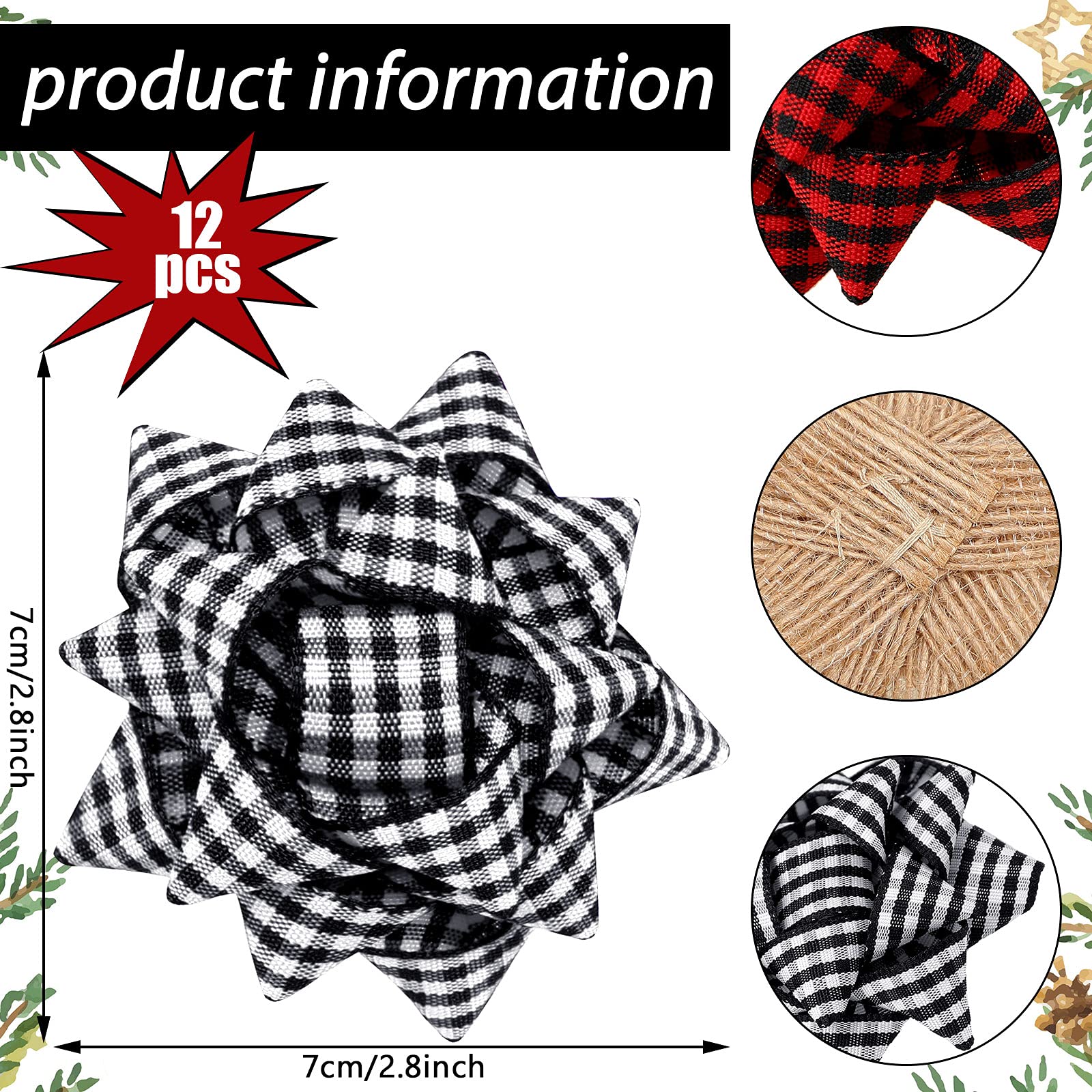 12-Piece Buffalo Plaid Christmas Bows Set - Red, White & Black Gift Wrapping Bows for Presents, Wreaths & Holiday Decor (Perfect for Christmas, Birthday & Wedding Gift Wrapping)