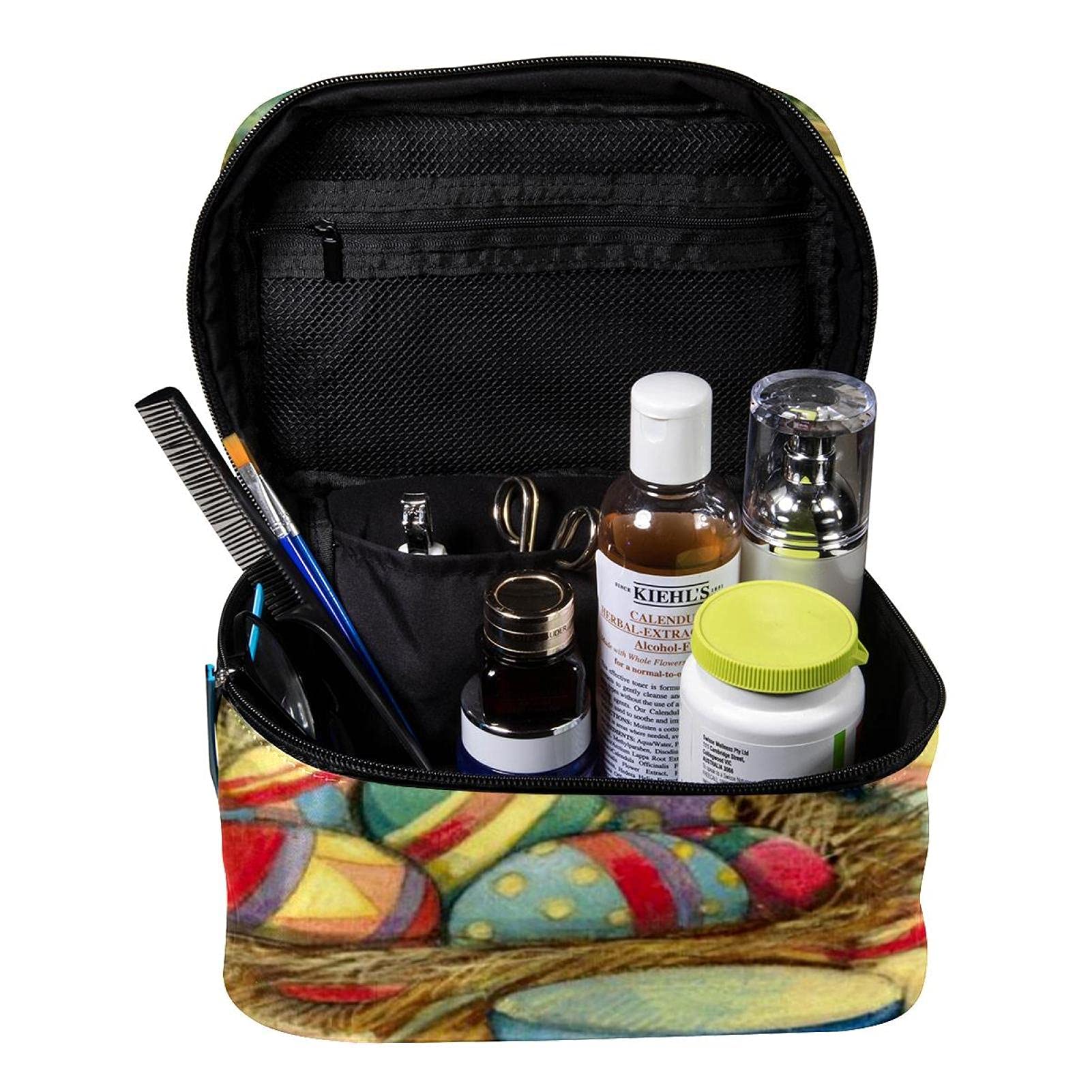 Easter Themed Large Travel Makeup Bag - Colorful Eggs & Flowers Cosmetic Organizer with Zipper, Toiletry Case for Women & Girls - Perfect for Holiday Travel, Gym, Beach & Daily Use