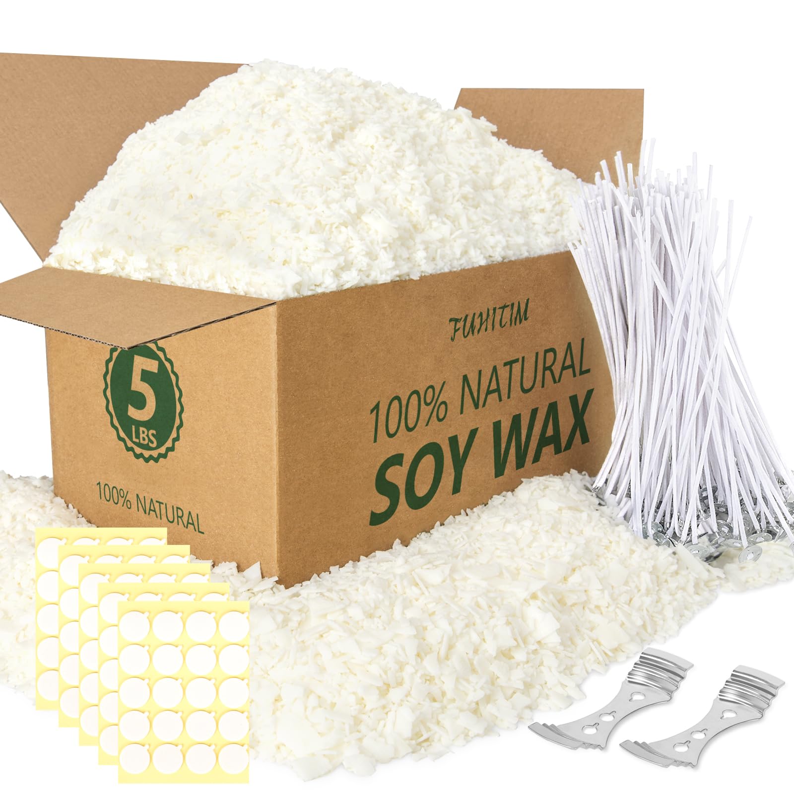 Premium Natural Soy Wax Flakes for Candle Making - 5 lbs Bag, Pure & Additive-Free with 100 Cotton Candle Wicks, 100 Wick Stickers & 2 Centering Devices - Perfect for DIY Candles, Home Fragrance & Relaxation