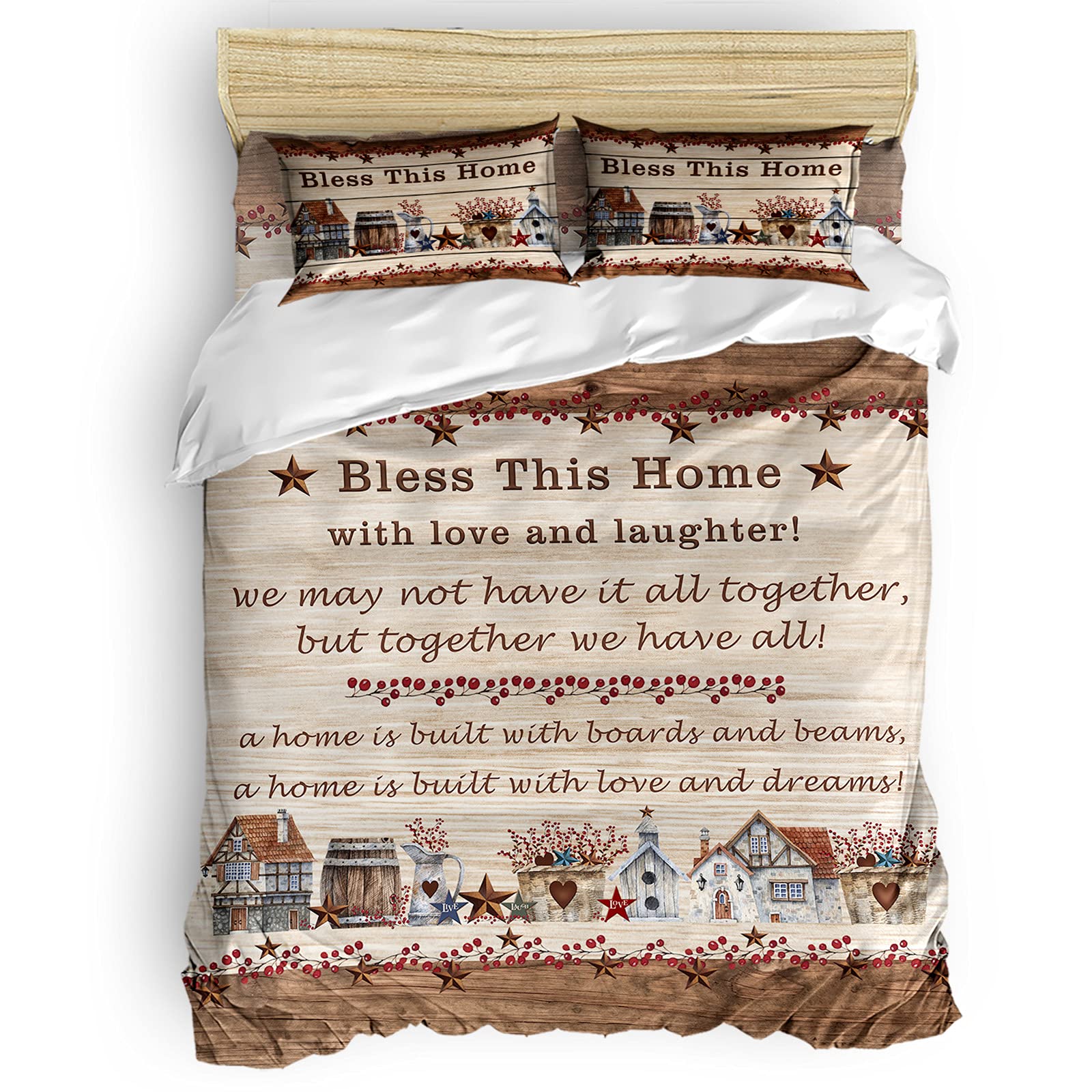 California King Duvet Cover Set with Zipper Closure - 4 Piece American Country Style Bedding (1 Duvet Cover, 1 Sheet, 2 Pillow Shams) - Soft Berries & Wooden Board Design for Cozy Farmhouse Bedroom Decor