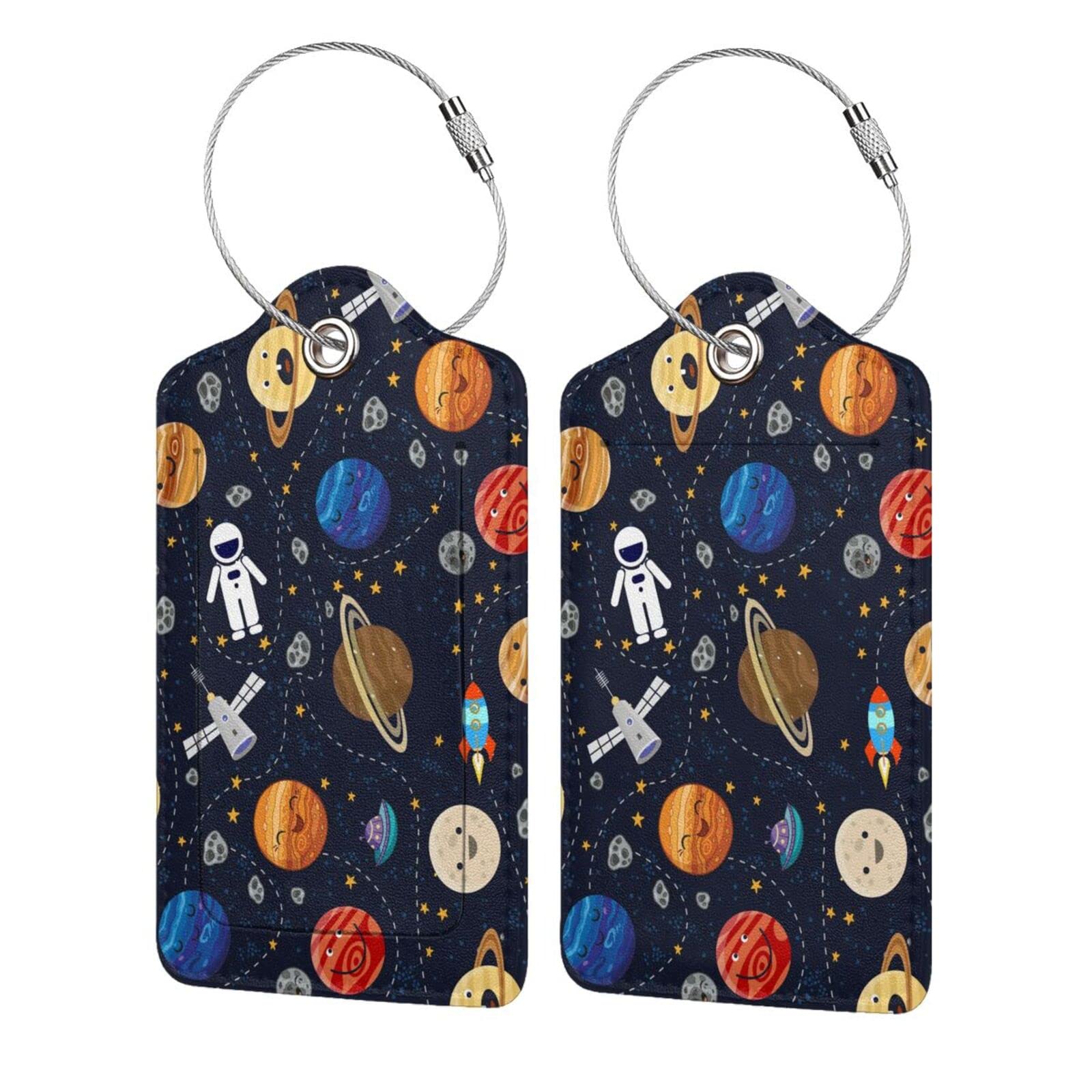 2 PCS Space Astronaut Planet PU Leather Luggage Tags with Stainless Steel Loop - Durable Travel ID Tags for Suitcases, Backpacks & Bags - Perfect for Air Travel, Vacation & Business Trips - Great Gift for Men, Women & Kids