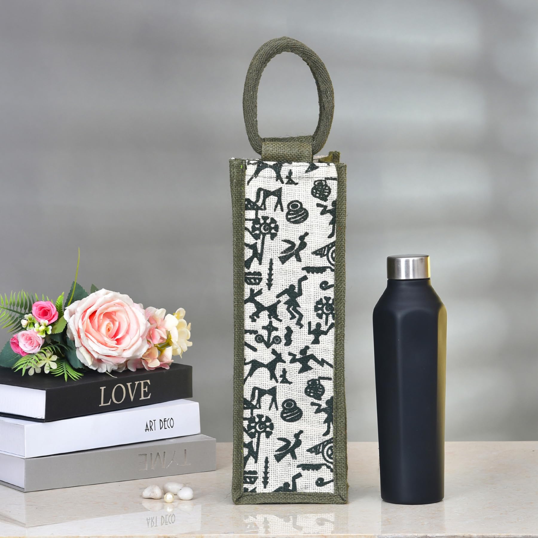 Kuber Industries Reusable Jute Bottle Bag with Handle - Eco-Friendly Wine & Water Bottle Cover for Office, Picnic, Travel - Warli-Print Gift Set (Pack of 3, Multi-Color)