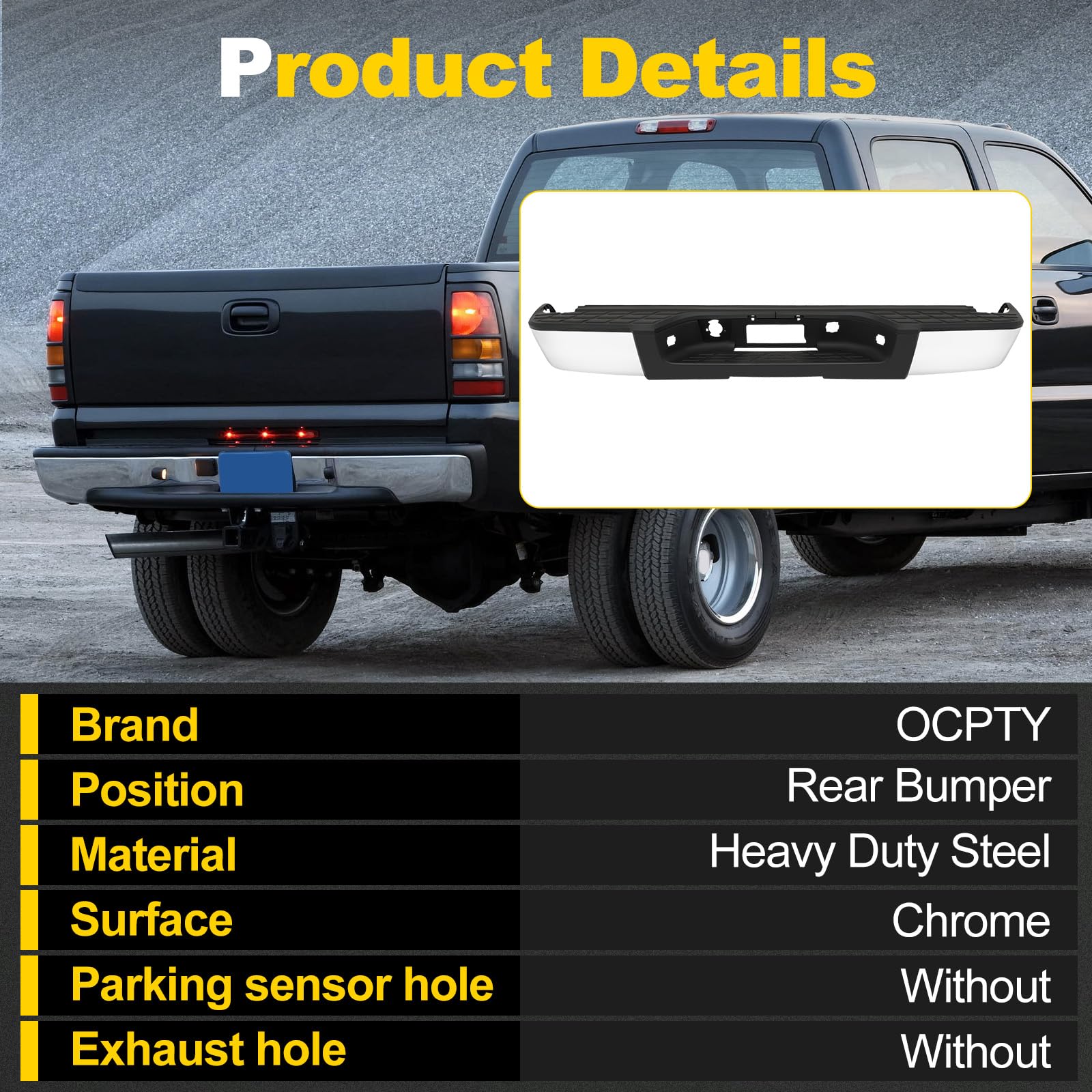 OCPTY Chrome Rear Bumper with License Plate Lights Compatible with 2007-2013 Chevrolet Silverado 1500 & GMC Sierra 1500 - Durable Replacement for Truck Accessories, Off-Roading & Daily Driving