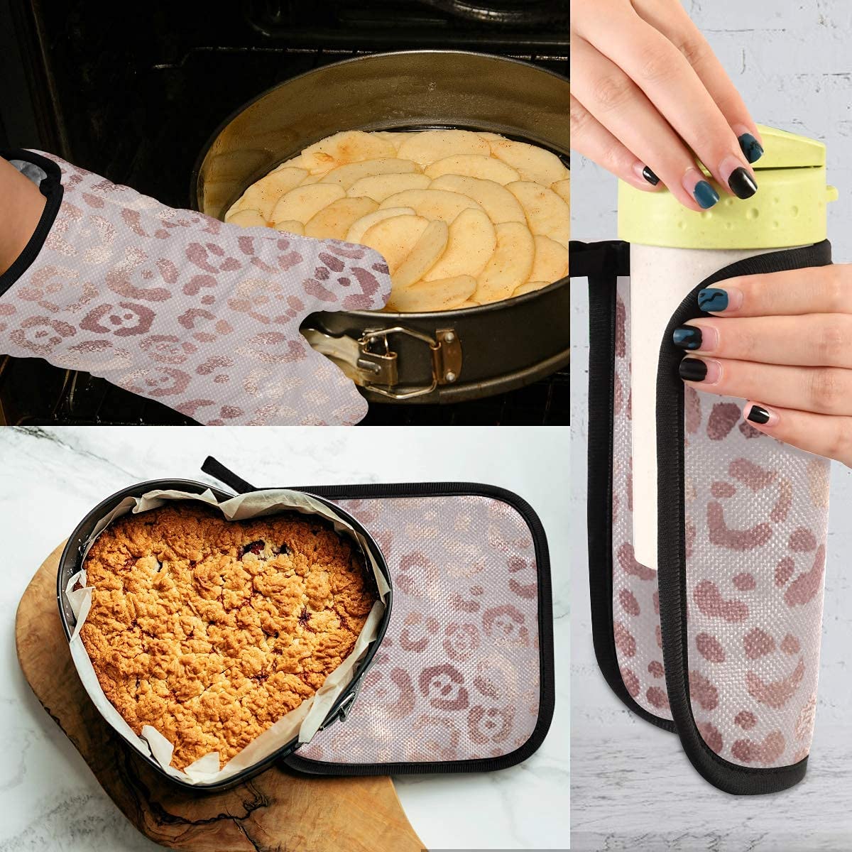 ASLSIY Rose Gold Leopard Print Oven Mitts & Pot Holders Set - Heat Resistant Kitchen Gloves for Baking, BBQ, Grilling - Perfect for Cooking, Baking, and Outdoor Barbecues