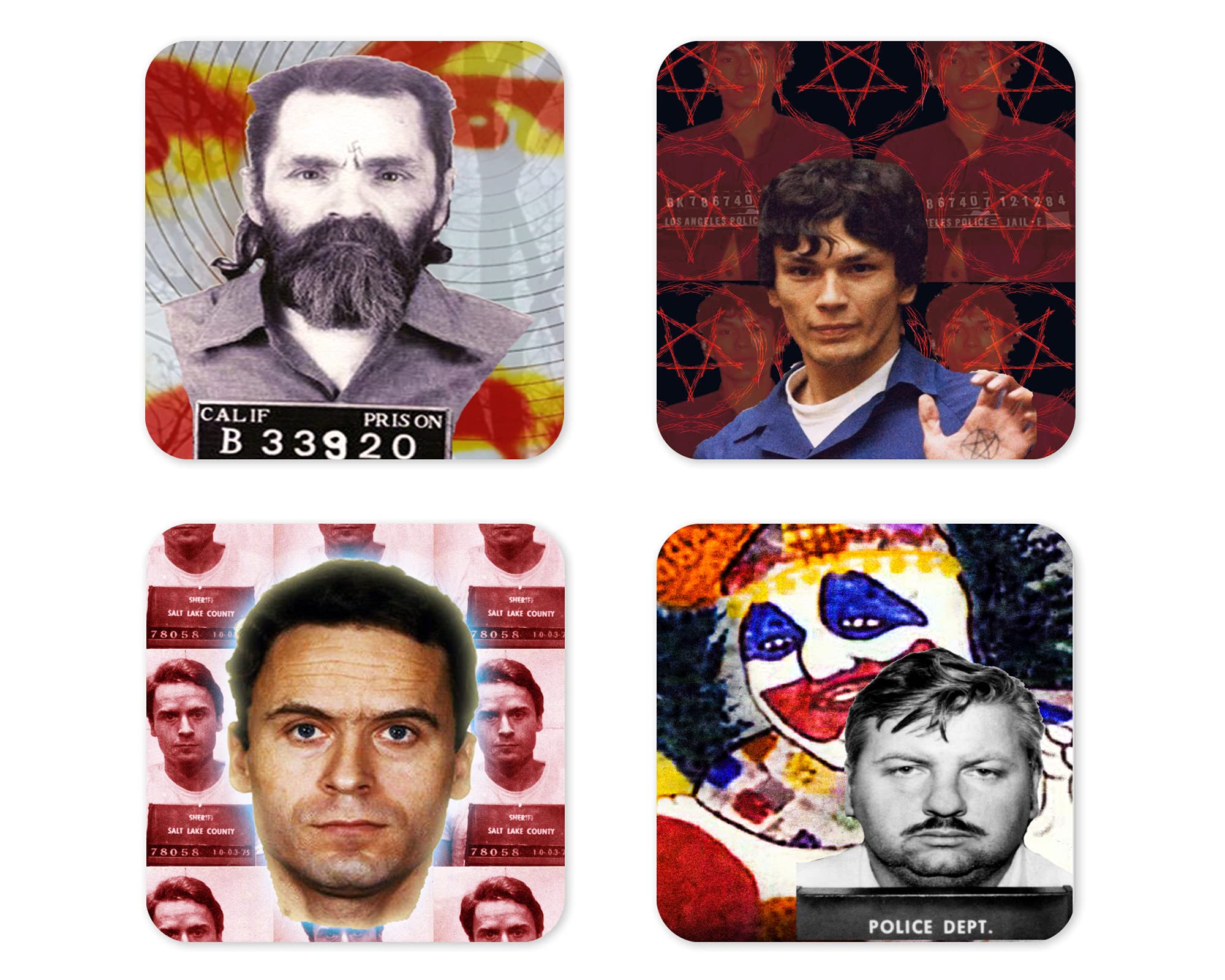 John Wayne Gacy & Friends Drink Coasters Set of 4 - Premium Matte Top Bar Coasters for Beer, Wine & Cocktail Glasses - Perfect for Home Bars, Game Nights & Horror Movie Marathons
