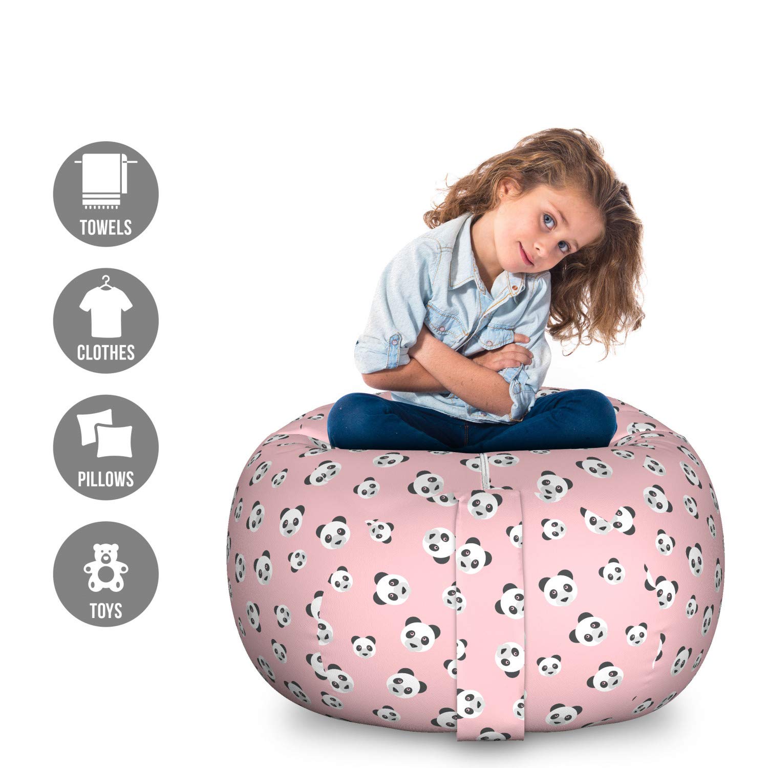 Lunarable Pink Panda Toy Storage Bag Chair - Large Washable Stuffed Animal Organizer with Chinese Cartoon Bear Design, Grey Charcoal | Perfect for Kids' Room, Nursery & Playroom Organization