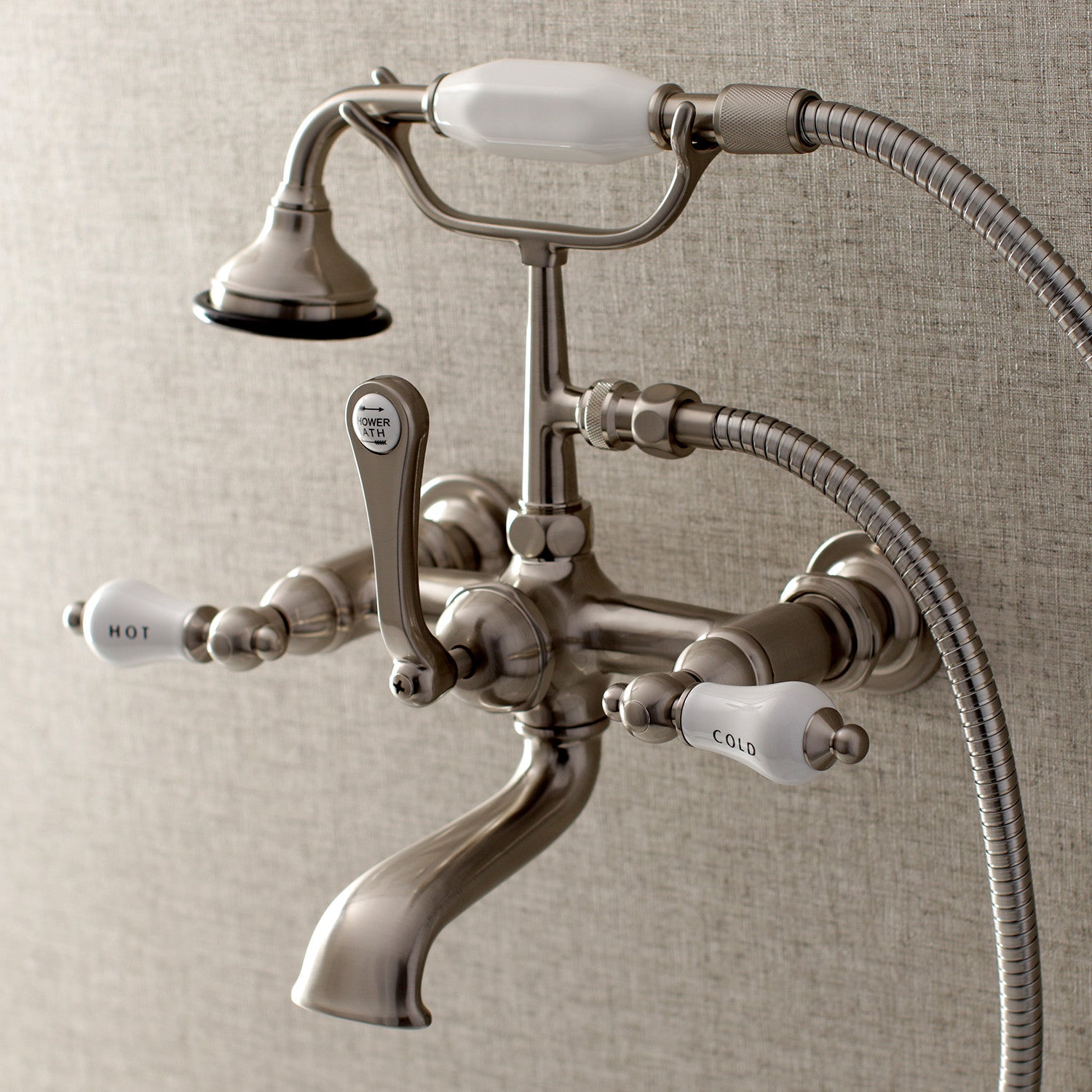 Vintage Clawfoot Tub Faucet with Hand Shower - 3 Handle 2 Hole Wall Mount Brushed Nickel Bathroom Fixture for Antique & Modern Bathrooms