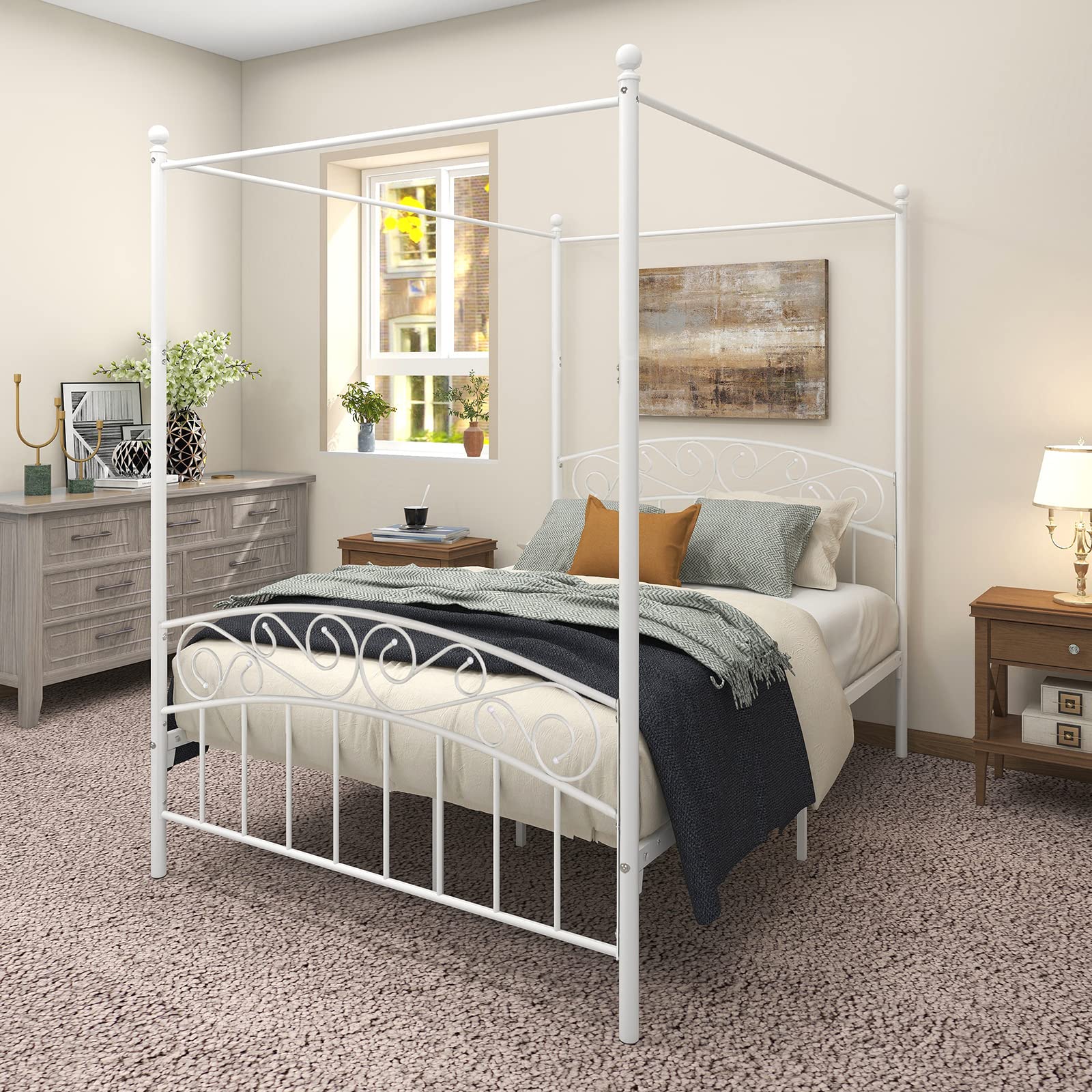 Full Size Metal Canopy Bed Frame - European Style, 600lbs Capacity - for Bedroom Decor