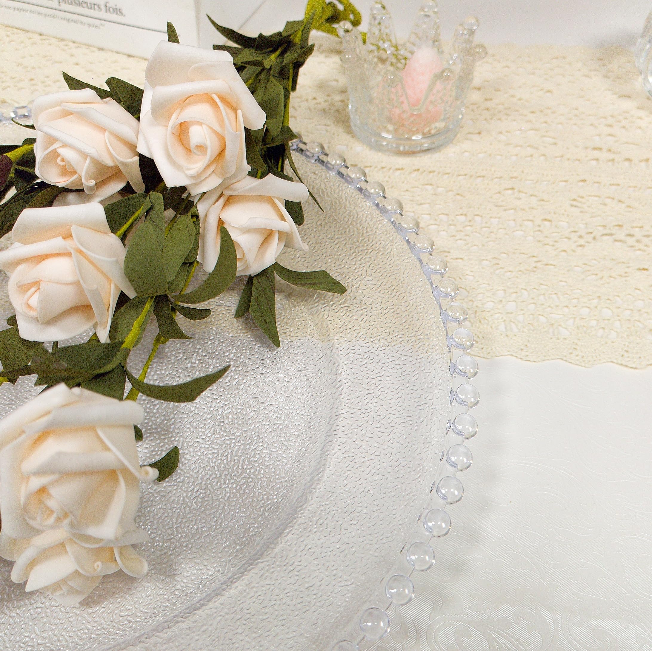 13 Inch Clear Acrylic Beaded Charger Plates Set of 8 - Elegant Back Texture for Wedding, Party & Dinner Table Decor - Perfect for Holiday Events, Bridal Showers & Formal Dining Settings