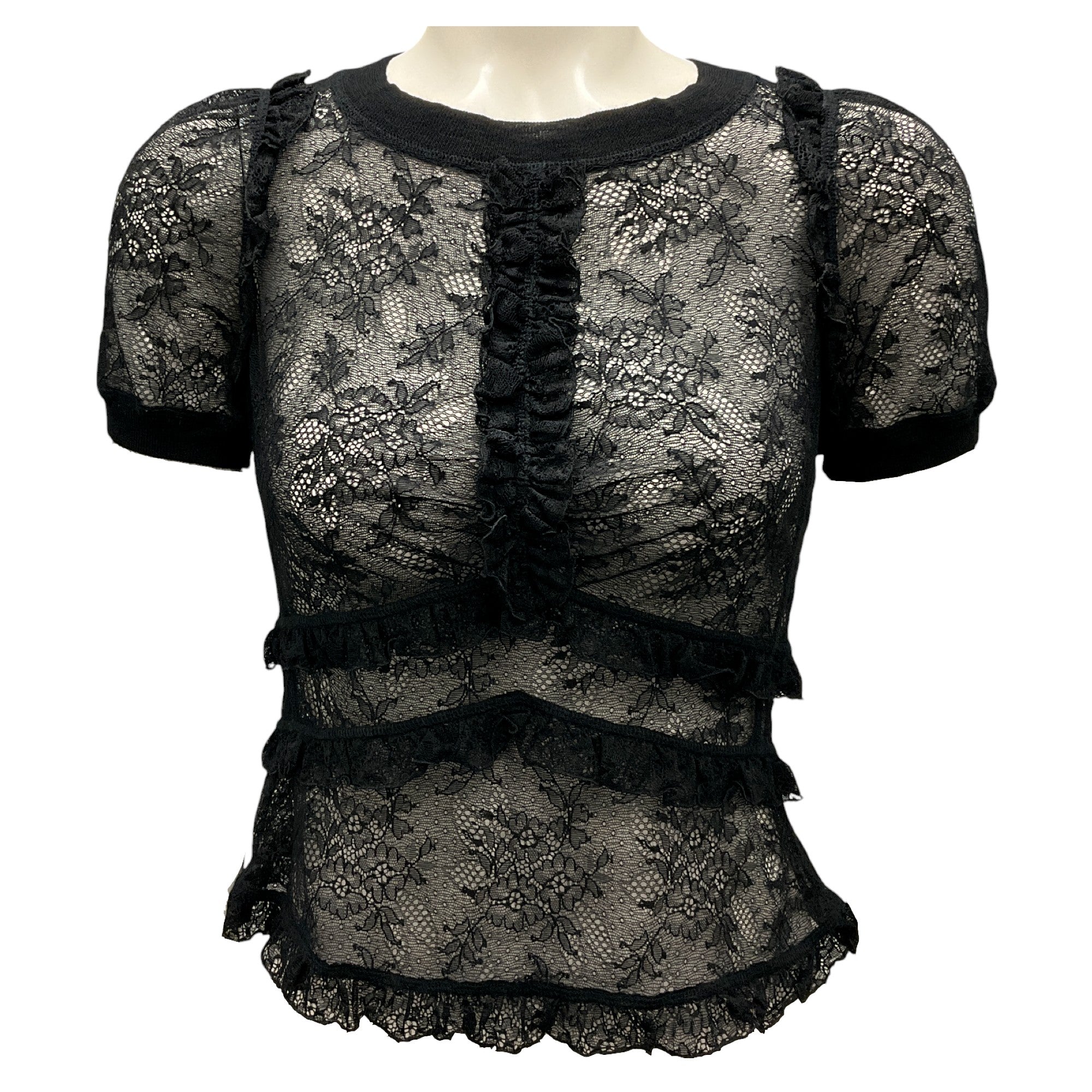 Louis Vuitton Black Ruffled Short Sleeve Stretch Lace Blouse - Elegant Party Wear & Evening Cocktail Dress Top for Women
