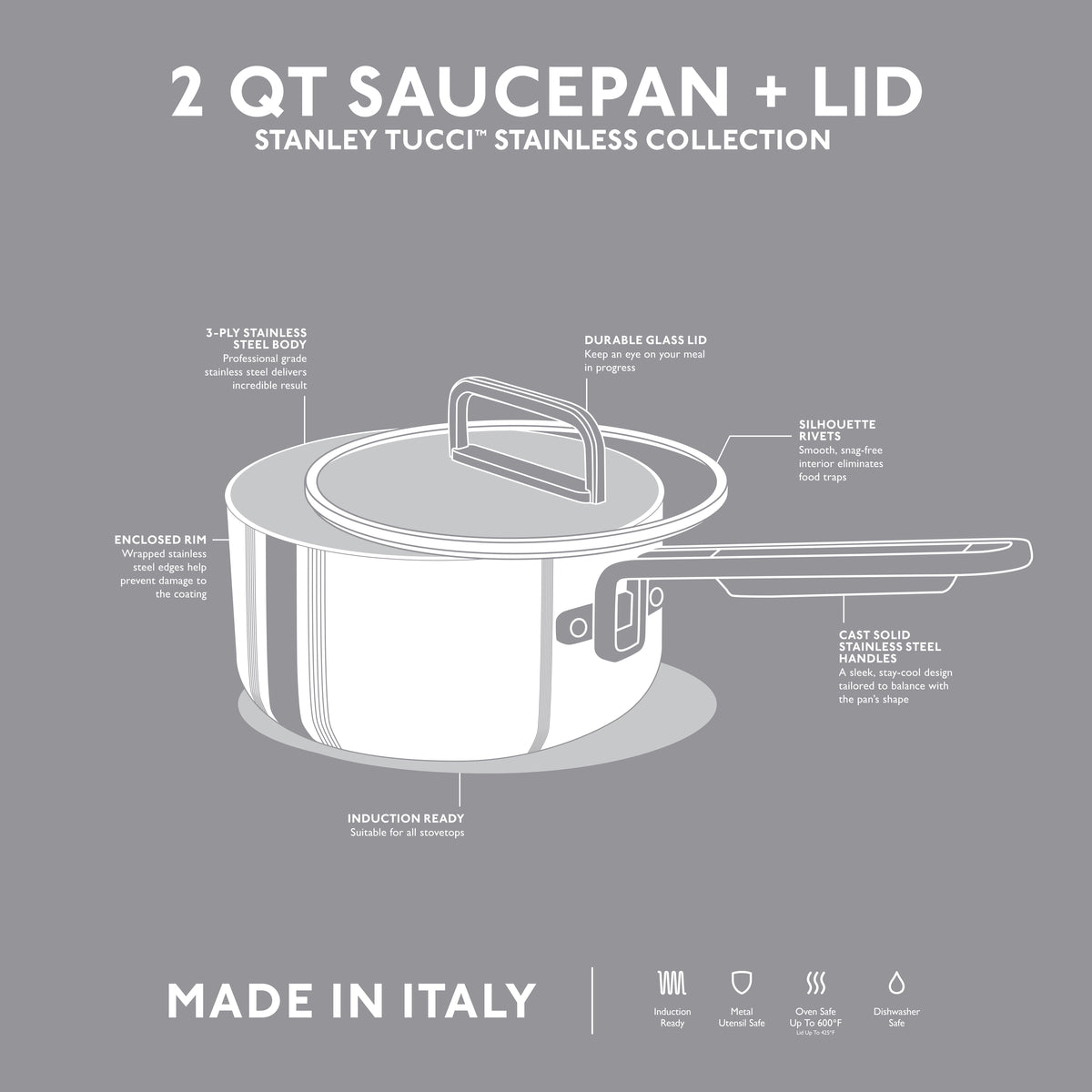 Stanley Tucci™ 2 Quart Stainless Steel Saucepan with Lid - Perfect for Cooking Soups, Sauces, and Pasta | Durable & Even Heat Distribution | Ideal for Home Chefs & Professional Kitchens