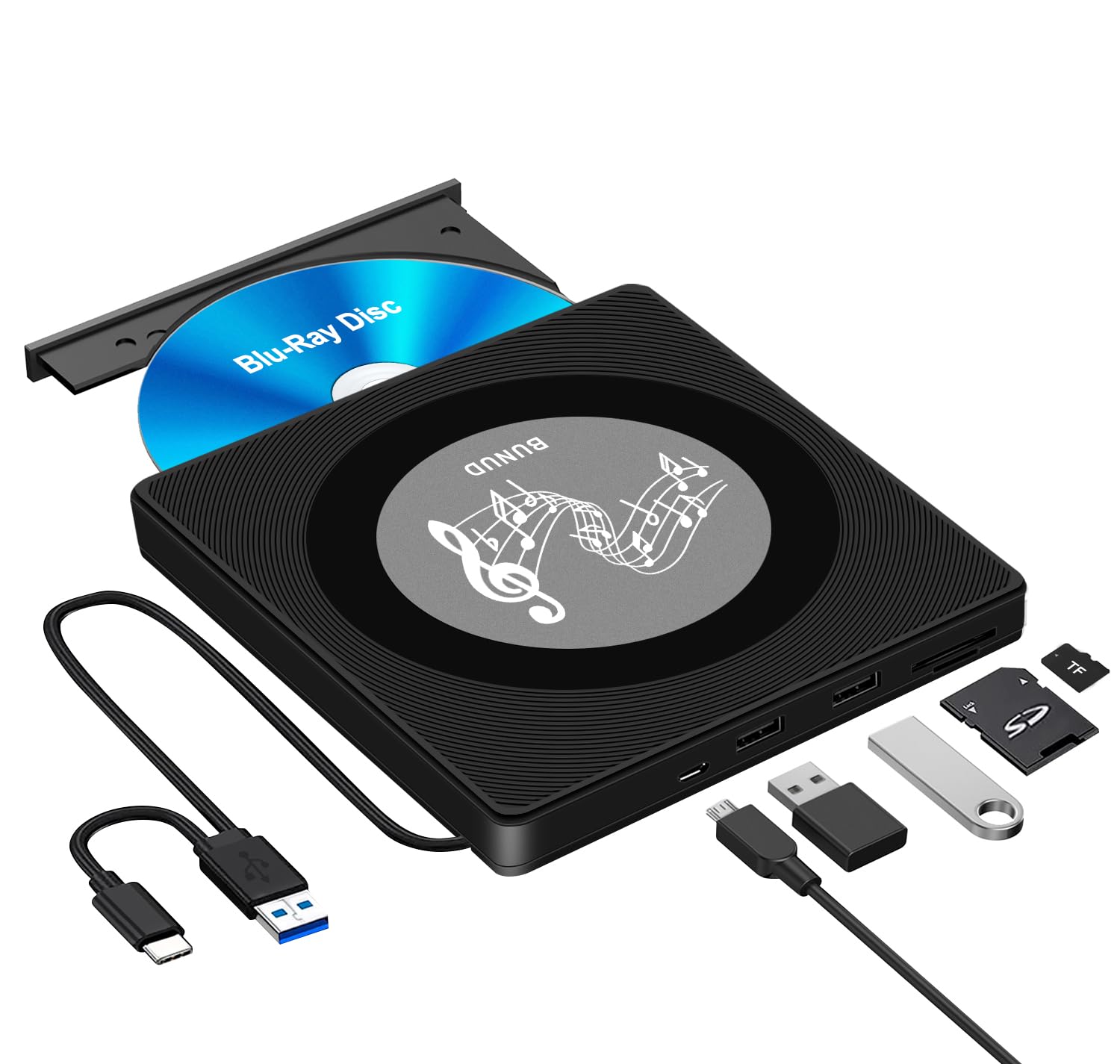 External USB Blu Ray DVD CD Burner Drive - BD Player with Read/Write Function, 2 USB Ports & TF/SD Card Slots - Compatible with Windows 11, MacBook Pro/Air, Laptops & PCs - Perfect for Movie Watching, Data Backup & Media Creation