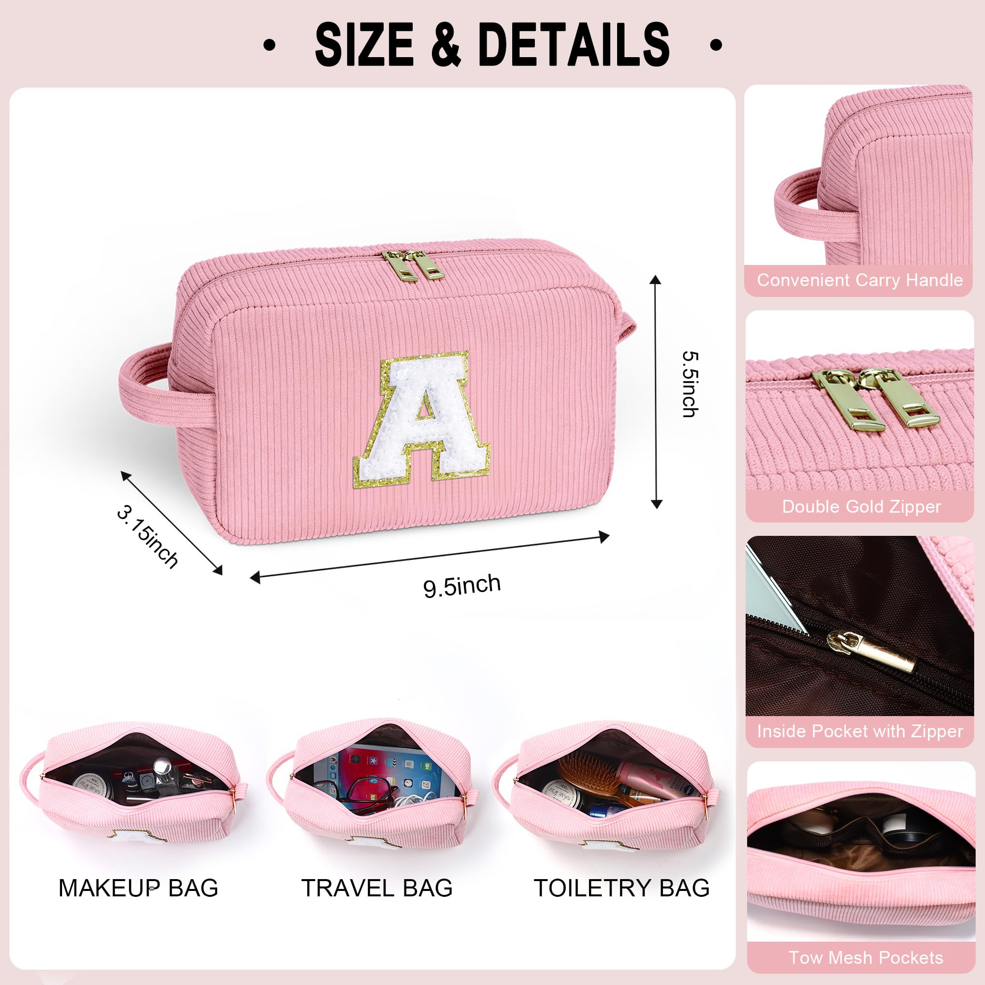YOOLIFE Personalized Initial Travel Makeup Bag - Waterproof Cosmetic Organizer for Women & Teens | Perfect Easter, Birthday Gift for Girls, Friends | Great for Travel, Gym, School & Daily Use