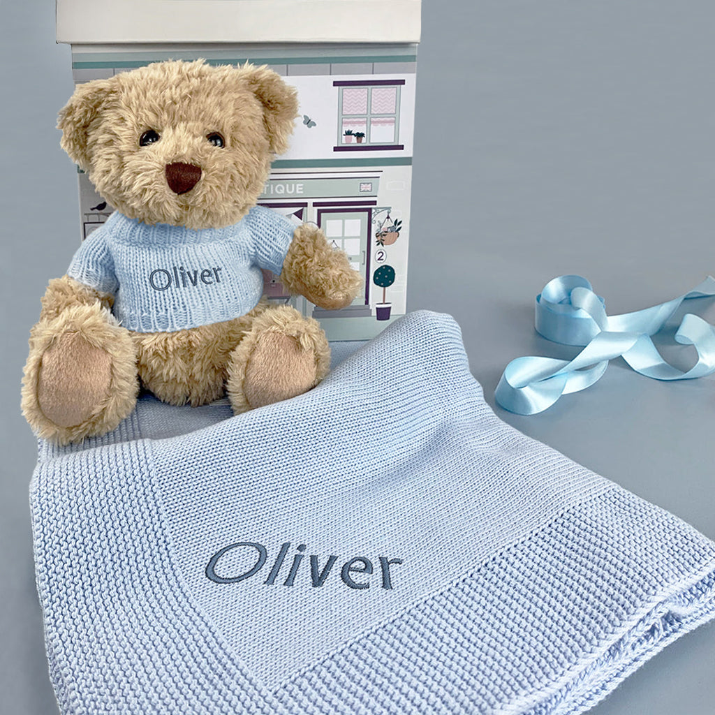 Personalized Blue Bertie Bear Plush Toy with Soft Blanket - Perfect for Baby Showers, Birthdays, and Cuddling