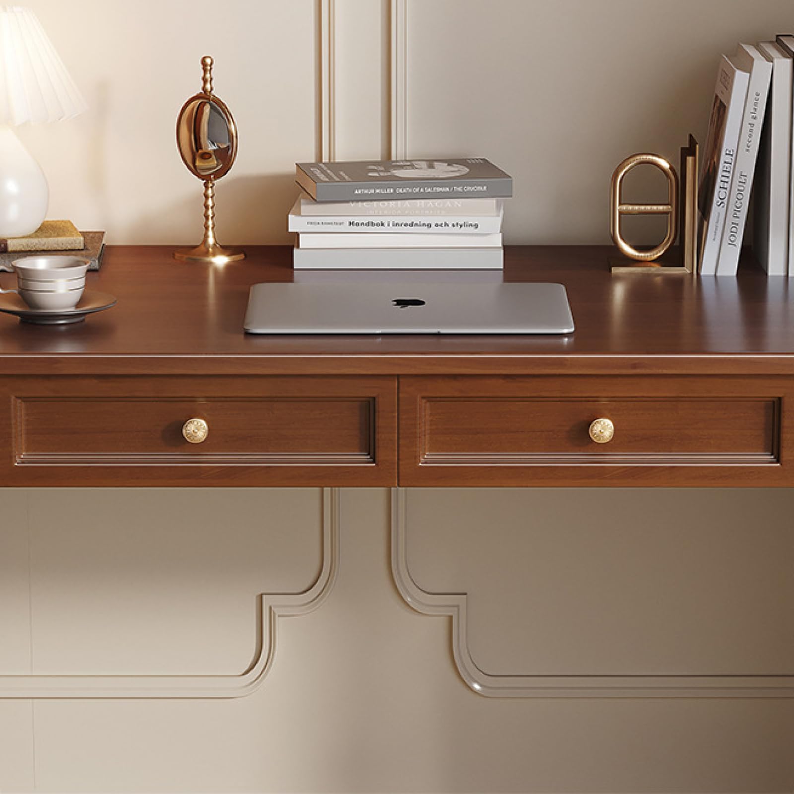 Solid Oak Wood Home Office Desk - 32 Inch Modern Writing Table with 2 Drawers, White Finish | Computer Workstation for Small Spaces & Home Office Furniture