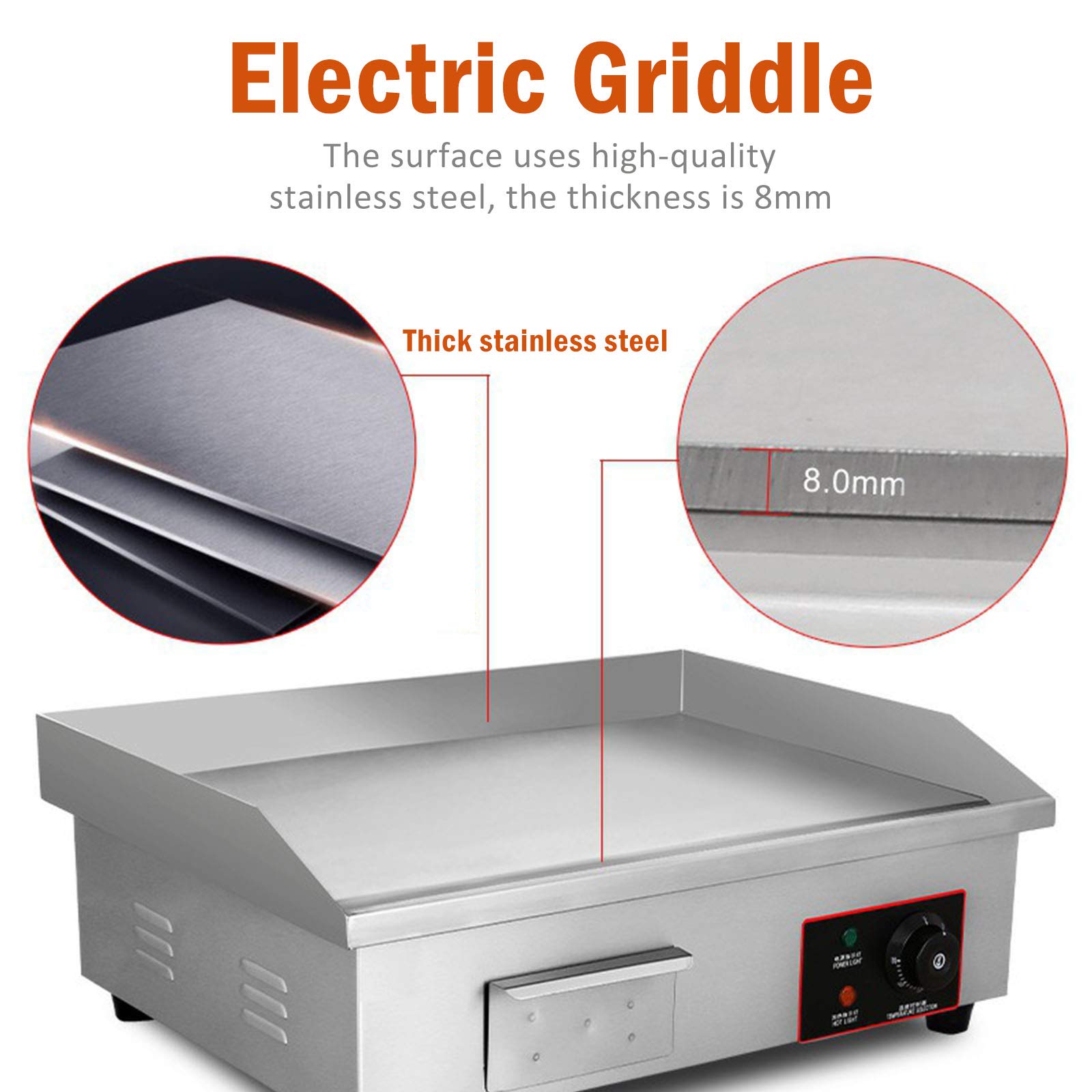 Allyaduo 110V 3000W 22-Inch Commercial Electric Griddle Flat Top Grill with Adjustable Thermostat - Stainless Steel Countertop Grill for Restaurant, Kitchen, BBQ & Pancake Breakfast - Perfect for Diners, Food Trucks & Outdoor Cooking